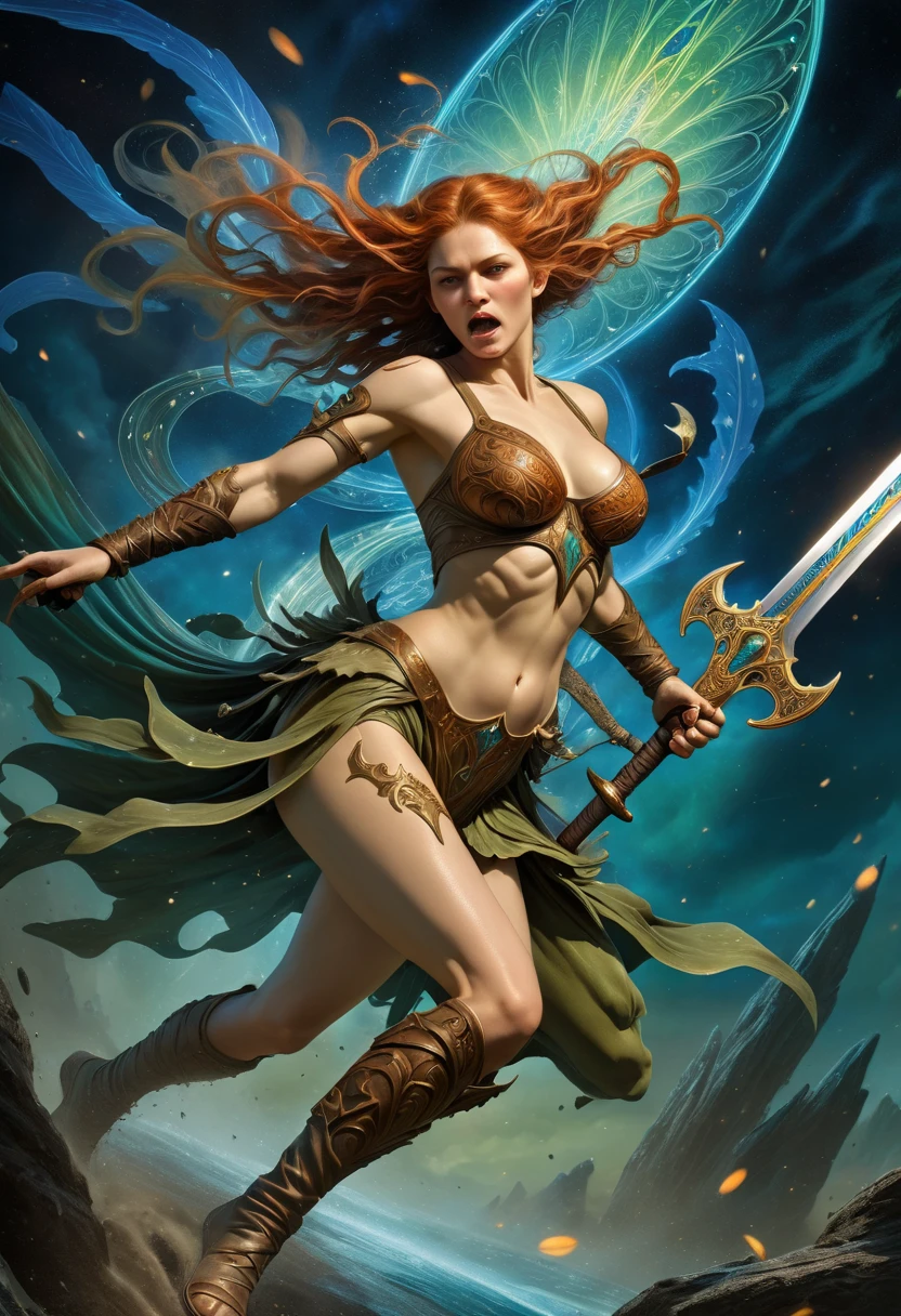 best quality,4k,8k,highres,masterpiece:1.2,ultra-detailed,realistic:1.37,HDR,UHD,studio lighting,ultra-fine painting,sharp focus,physically-based rendering,extreme detail description,professional,art nouveau,tarot card style, dynamic angle, action shot,(dynamic pose), raging facial expression, alien female,(creatures from outer space), cyborg style,((An alien female barbarian is crossing an extraplanar alien battlefield while swinging a two-handed greatsword:1.37)), (Enraged, she swings her greatsword cutting a shadow beast in half:1),fractalized, android,(wearing a cyborg exoskeleton),alien flora,(spectacular alien background with bioluminescent flora),vivid colors,earthen and olive hues,Yoshitaka Amano style,trending on cgsociety,landscape,horror,(sci-fi),concept artists,bright and vibrant colors,dreamy lighting