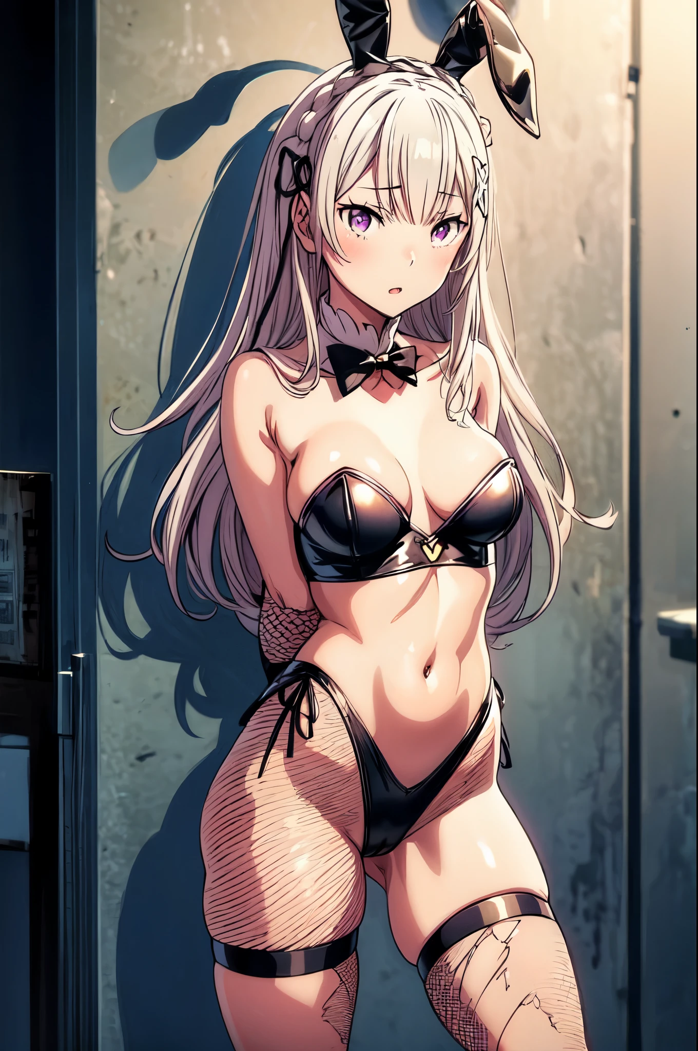 (masterpiece, best quality), 1girl, torn clothes, (torn) playboy bunny, photo session, fishnet legwear,Emilia re:zero, purple eyes, Emilia, crown braid, x hair ornament, flower hair ornament, white hair, long hair, medium breasts, arms behind back,