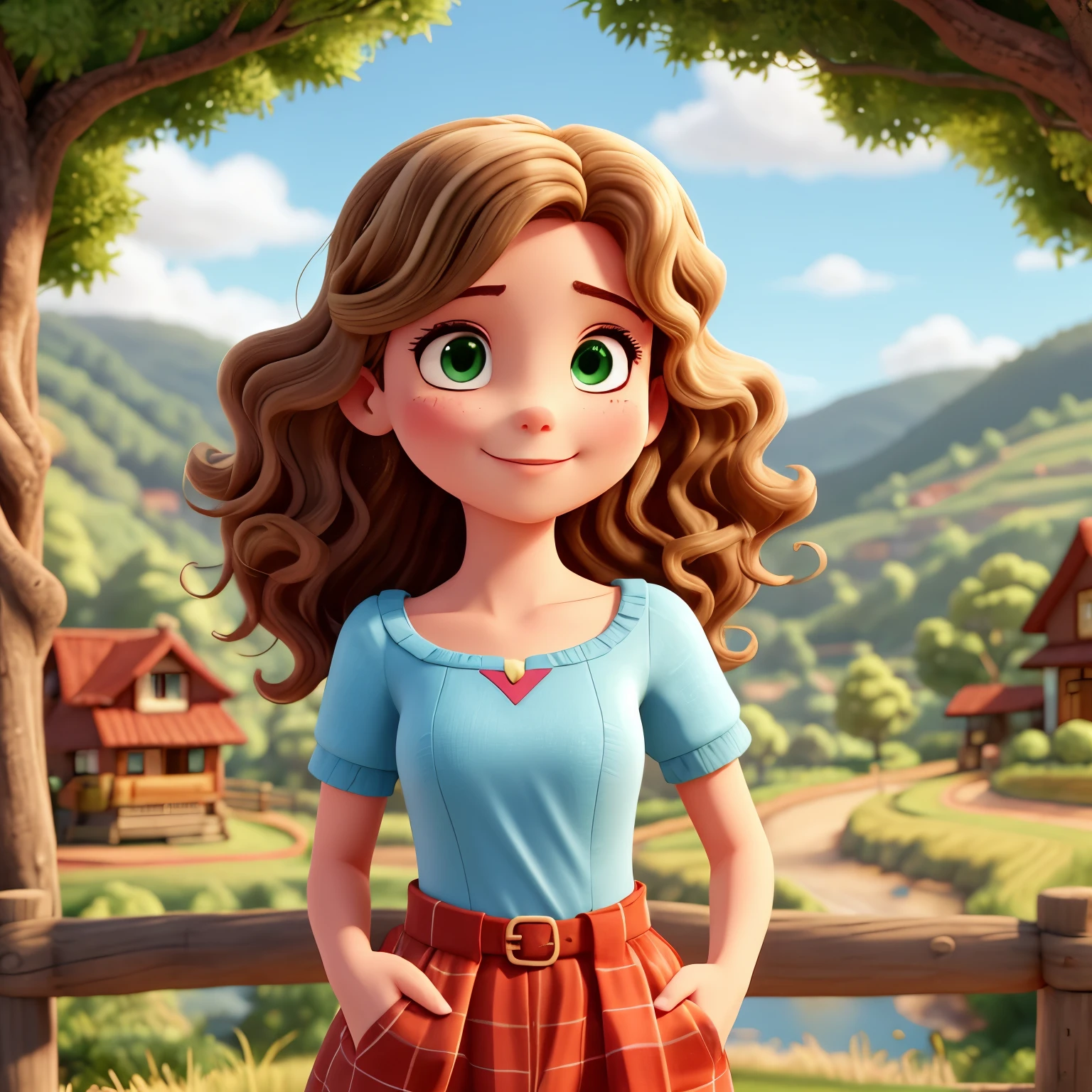 Crie um amenina de 5 anos linda, with wavy hair that reaches the shoulder, vestida de feiticeira brincando com seus amigos de 4 a 5 anos na porta de suas casas, crie um ambiente deslumbrando na cidade de aurora, which is surrounded by hills and lush trees.
