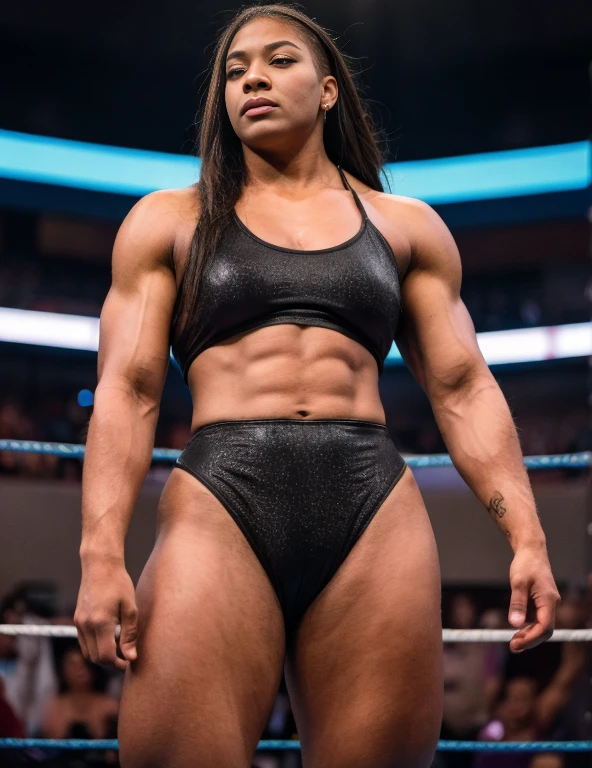 Wrestlemania.  Viewed from above, 1.2   Queen latifah, A heavily muscled iffb pro female bodybuilder,  (Raw photography:1.5)、(hight resolution:1.5)、(Raw photography:1.5),(Photorealsitic:1.38)、(sharp focus:1.5) 、18 only、One girl, 


((Standing up with a shrug:1.2))、
((In a WWE wrestling ring))、
looking at the viewers、Facing the audience,The dim、