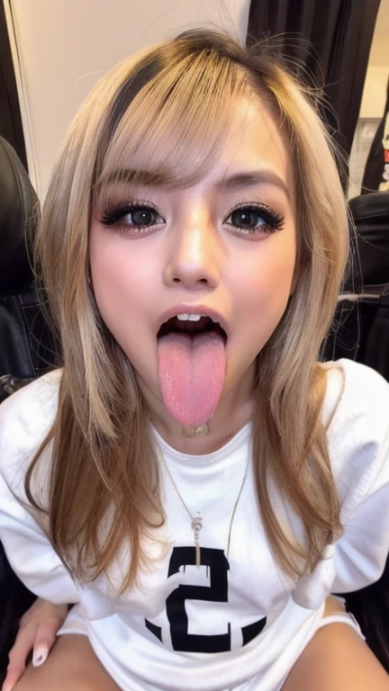 Japanese woman, beautiful girl, gal, blonde, baby face, highest quality realistic skin, eyes in focus, 20 years old, sticking out tongue, focus on mouth, open mouth, long tongue, saliva, open mouth wide, inside of mouth visible, open mouth and sticking out tongue
