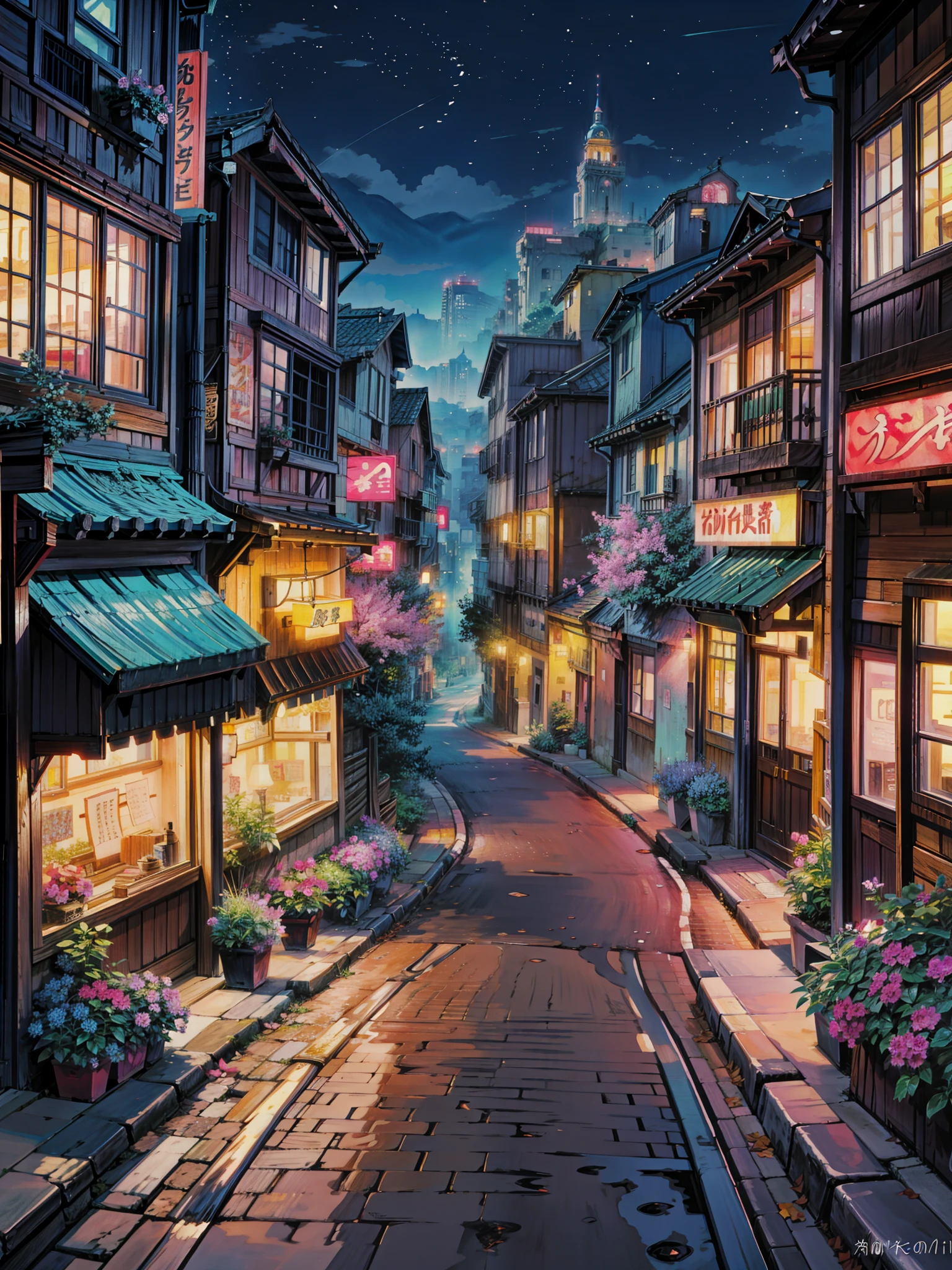 a painting of a city street at night, anime background art, flowers, ross tran. flowery tree, scenic background, anime scenery, anime movie background, hd anime cityscape, anime landscape, anime style cityscape, colorful anime movie background, anime landscape wallpaper, nightime village background, kinkade, beautiful cityscape background, by Evgeny Lushpin, city + graffiti background, anime nature wallpaper , 4k hd,, beautiful art uhd 4 k, a beautiful artwork illustration, beautiful digital painting, highly detailed digital painting, beautiful digital artwork, detailed painting 4 k, very detailed digital painting, rich picturesque colors, gorgeous digital painting