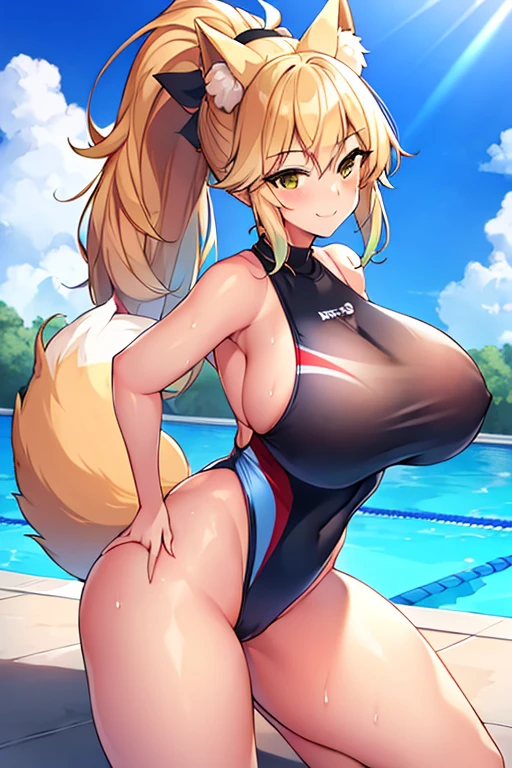 amy, ponytail, bangs, long hair, fox ears, fox tail, thick thighs, , 1girl, wide hips, large breastse hair, smile, ponytail, tan, one-piece swimsuit, black one-piece swimsuit, competition swimsuit, blue trim, pool, poolside, happy