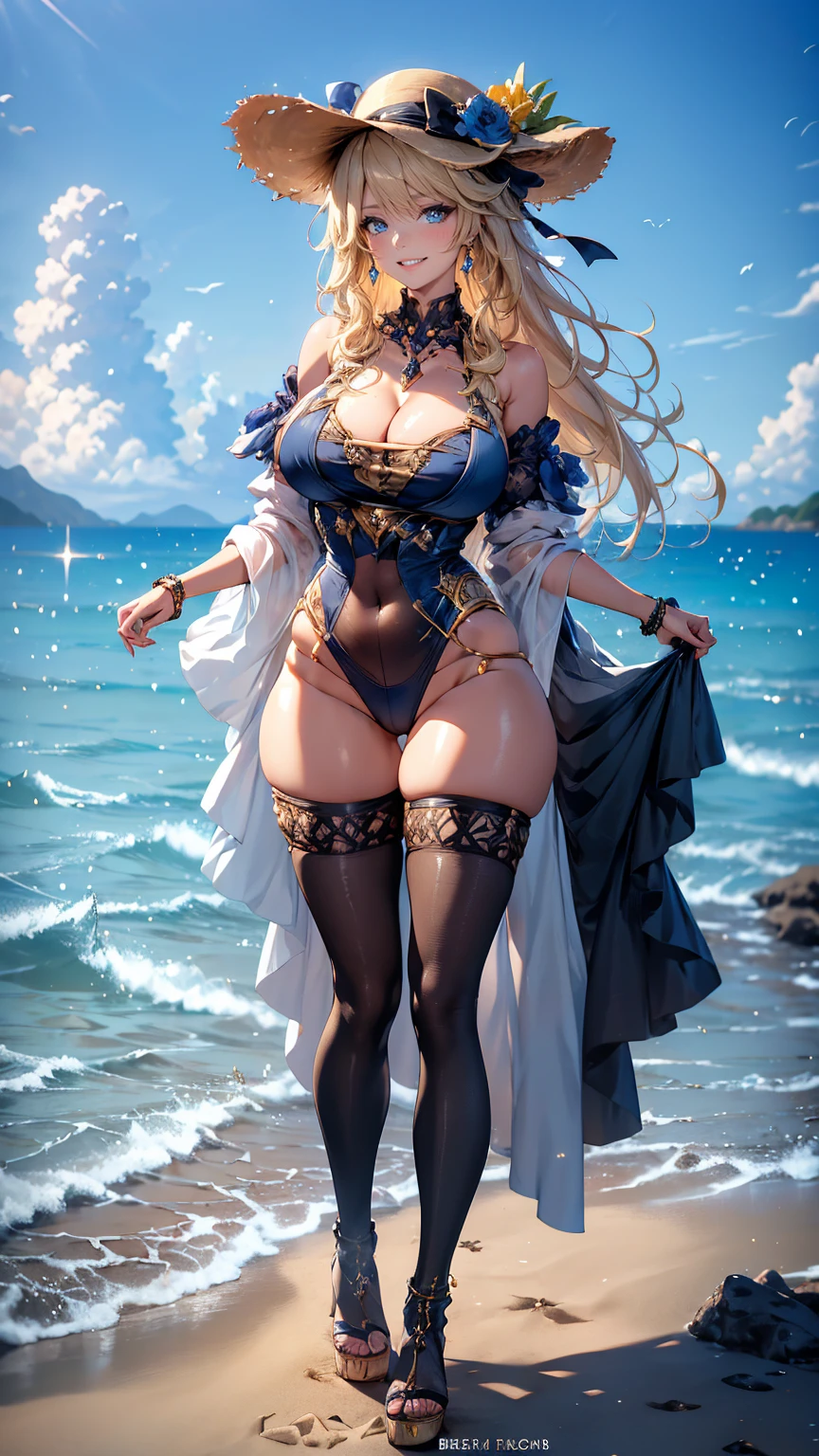 ((masterpiece, high resolution, better quality, better details)), (anime), one woman on the beach standing, ((toothy smile)), royal blue micro bikini with gold and black details, thong bikini, cleavage, platform high heels, black neck choker, large straw hat, light blonde hair, long hair, shiny skin, blue eyes, ((curvy body)), pose seductive, full body, front view, beach landscape,