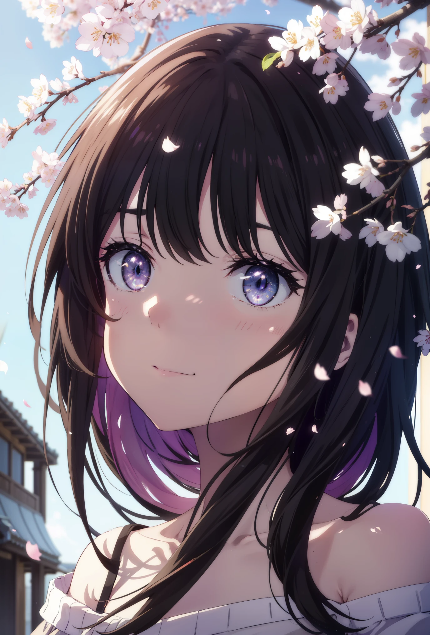 Takiuchi Kame, check it out, long hair, bangs, black hair, (purple eyes:1.2),blush,smile,open your mouth,off shoulder sweater,bare shoulders,bare clavicle,naked neck,skinny denim pants,stiletto heels,cherry blossoms are blooming,Cherry blossoms are scattered,Cherry blossom tree-lined path,whole bodyがイラストに入るように,Looking up from below,
break outdoors, residential street,
break looking at viewer,whole body, (cowboy shot:1.1),
break (masterpiece:1.2), highest quality, High resolution, unity 8k wallpaper, (figure:0.8), (detailed and beautiful eyes:1.6), highly detailed face, perfect lighting, Very detailed CG, (perfect hands, perfect anatomy),