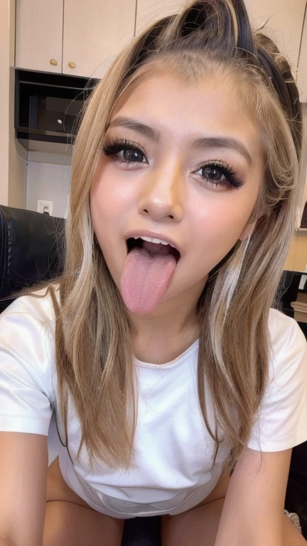 Japanese woman, beautiful girl, gal, blonde, , highest quality realistic skin, eyes in focus, 20 years old, sticking out tongue, focus on mouth, open mouth, long tongue, saliva, open mouth wide, inside of mouth visible, open mouth and sticking out tongue 