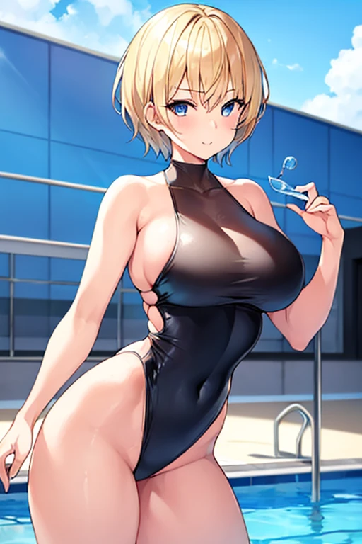 1girl, blonde hair, one-piece swimsuit, one-piece swimsuit, very short hair, short hair, pixie cut, blue eyes, happy, light smile, black one-puece seimsuit, pool, poolside, breasts, large breasts, thick thighs, mature female, hourglass figure, toned, toned female