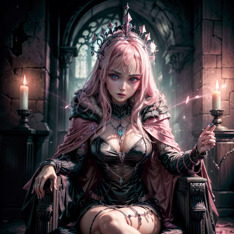 ((Best quality)), ((masterpiece)), (Highly detailed: 1.3), 3d, NeonBlack, beautiful cyberpunk queen, pink, (with a strange pendant on her chest: 1.2), (diamond-shaped pupils: 1.2), (wearing a long pink decorative cloak: 1.2), (wearing a crown: 1.2), candles flickering with an eerie light, (emanating white: 1.1), disdainful eyes, raining, in a ruined castle, sitting in a chair, Sony Master Lens, performing magic spell