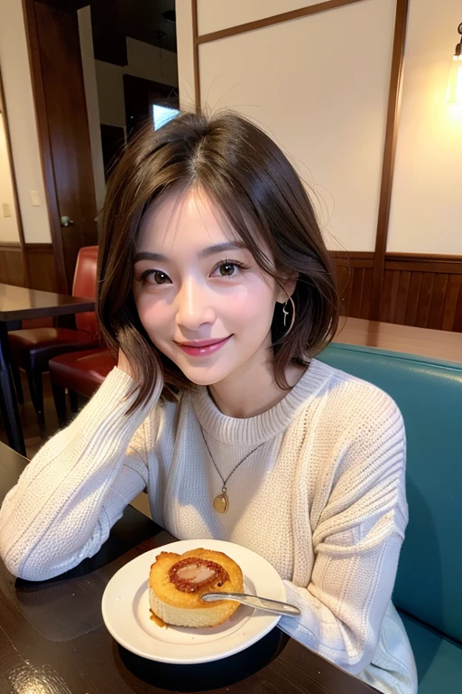 ((highest quality)), ((masterpiece)), (be familiar with), perfect face, masterpiece、highest quality、High resolution、wallpaper、realistic、bright lighting、professional lighting、face light、smooth lighting、japanese woman、20th generation mid-plate、super beautiful、beautiful skin、beautiful and detailed eyes、be familiar with顔、slim、moderately、short hair、brunette colored hair、brown eyes、look at the camera、Cafe sofa、 commercial photo, beautiful Instagram influencer girl, best smile,daytime、knit tops