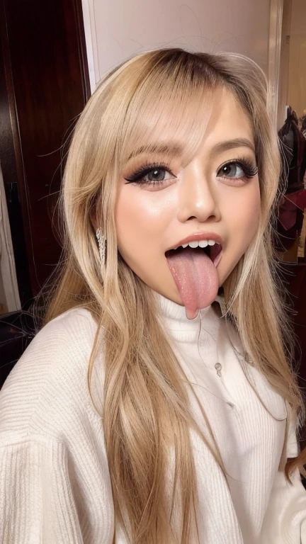 Japanese woman, beautiful girl, gal, blonde, baby face, highest quality realistic skin, eyes in focus, 20 years old, sticking out tongue, focus on mouth, open mouth, long tongue, saliva, open mouth wide, inside of mouth visible, open mouth and sticking out tongue 