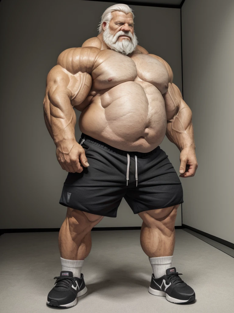 vector, mwvector, (best quality,4k,8k,highres,masterpiece:1.2),ultra-detailed,(realistic,photorealistic,photo-realistic:1.37),((massive muscular)) ((huge Muscular)) chubby old man standing in photo studio, simple background, , shorts and shoes, white hair, super thick arms, super big pectoral, super wide pectoral, topless, shirtless