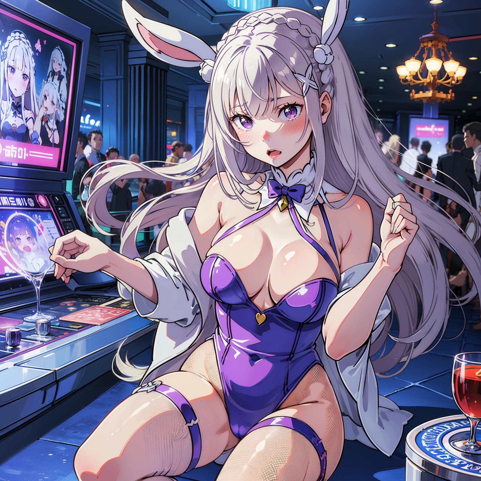 Emilia re:zero, purple eyes, Emilia, crown braid, x hair ornament, flower hair ornament, white hair, long hair, medium breasts,, shining eyes, fishnet stockings, blush, adultish, bunny girl, casino