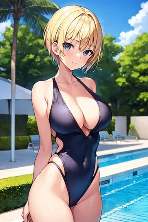 1girl, blonde hair, one-piece swimsuit, one-piece swimsuit, very short hair, short hair, pixie cut, blue eyes, happy, light smile, black one-piece swimsuit, pool, poolside, breasts, large breasts, thick thighs, mature female, hourglass figure, toned, toned female