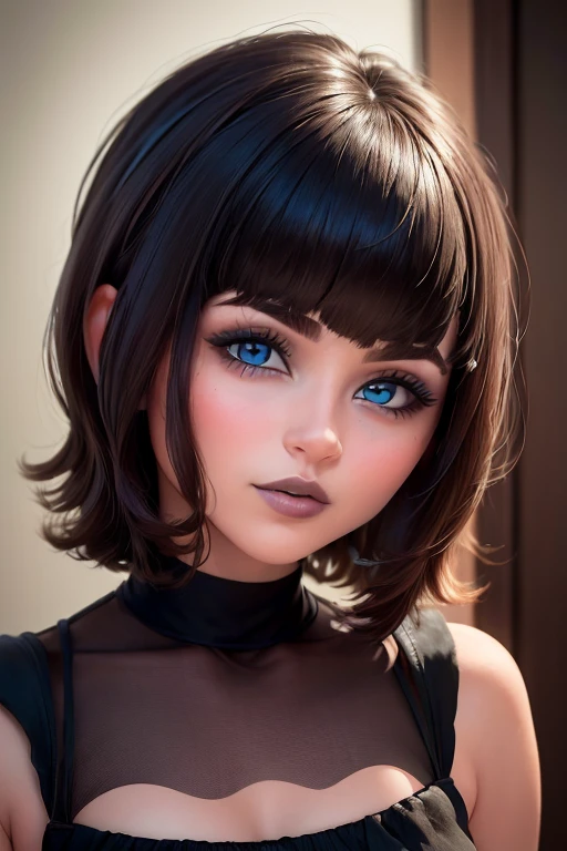 Beautiful defined face blue eyes gothic makeup short hair with bob style bangs thick voluminous lips detailed perfect realistic shading, sonrisa coqueta y