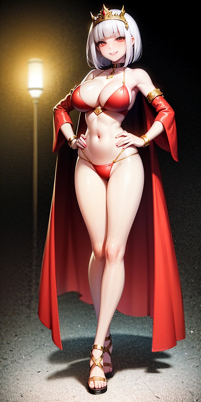 ((BLACK BACKGROUND,1:2, masterpiece)), full body MILF BIMBO standing with two long thighs and two high heels, red eyes, silver white hair, short bob style hair, big breasts, cleavage, separate sleeves, tiara royal, long cape up to two feet, yellow bikini, hands on waist, navel, lustful smirking smiling, smile face (red blushed, red cheeks), metal shoulders, gold sleeveless armbands, black leather choker slave collar, shackle bracelets, sex slave red crest, full body MILF BIMBO standing with two long thighs and two metal sandals, red eyes, silver white hair, short bob style hair, big breasts, cleavage, separate sleeves, tiara royal, long cape up to two feet, yellow bikini, hands on waist, navel, lustful smirking smiling, smile face (red blushed, red cheeks), metal shoulders, gold sleeveless armbands, black leather choker slave collar, shackle bracelets, sex slave red crest, pauldrons, breastplate, corset, eye focus, full body, whole body. 1solo . slave fighter, loincloth standing, hands on hips, metal sandals, backpack, choker, big belt, view from below, feet together, bracers, tiara)