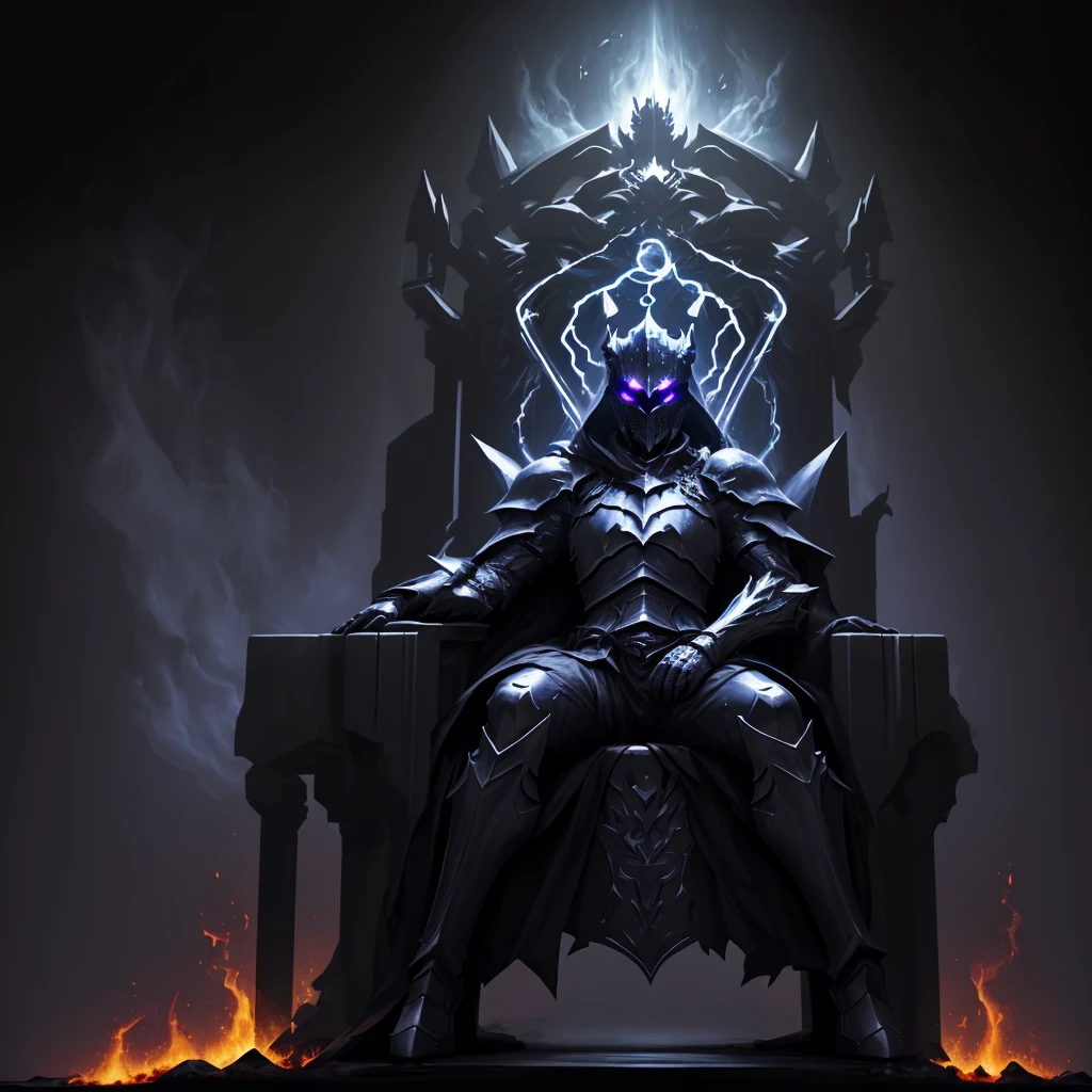 fusion of light and darkness, knight sits on a burning throne