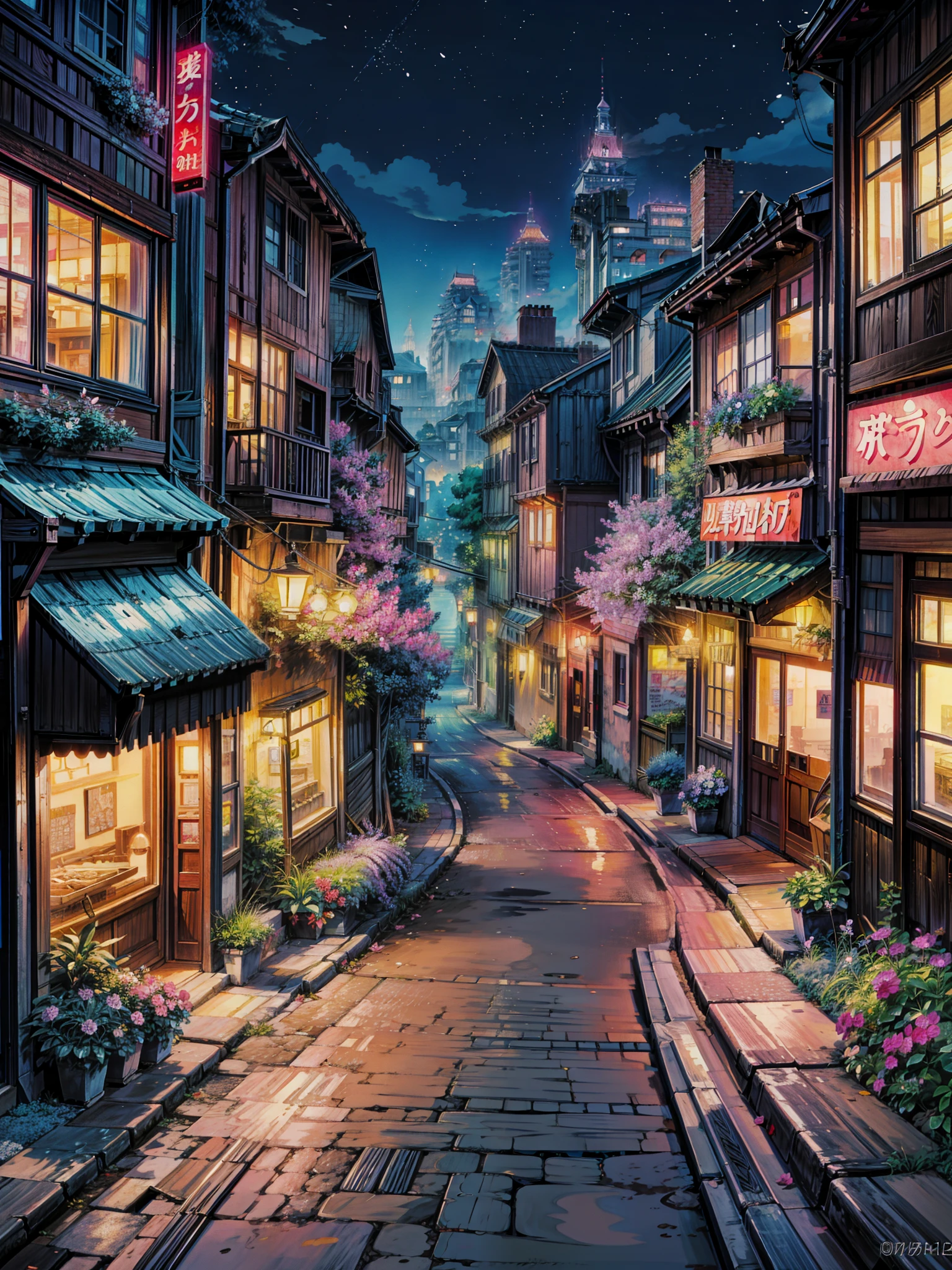 a painting of a city street at night, anime background art, flowers, ross tran. flowery tree, scenic background, anime scenery, anime movie background, hd anime cityscape, anime landscape, anime style cityscape, colorful anime movie background, anime landscape wallpaper, nightime village background, kinkade, beautiful cityscape background, by Evgeny Lushpin, city + graffiti background, anime nature wallpaper , 4k hd,, beautiful art uhd 4 k, a beautiful artwork illustration, beautiful digital painting, highly detailed digital painting, beautiful digital artwork, detailed painting 4 k, very detailed digital painting, rich picturesque colors, gorgeous digital painting
