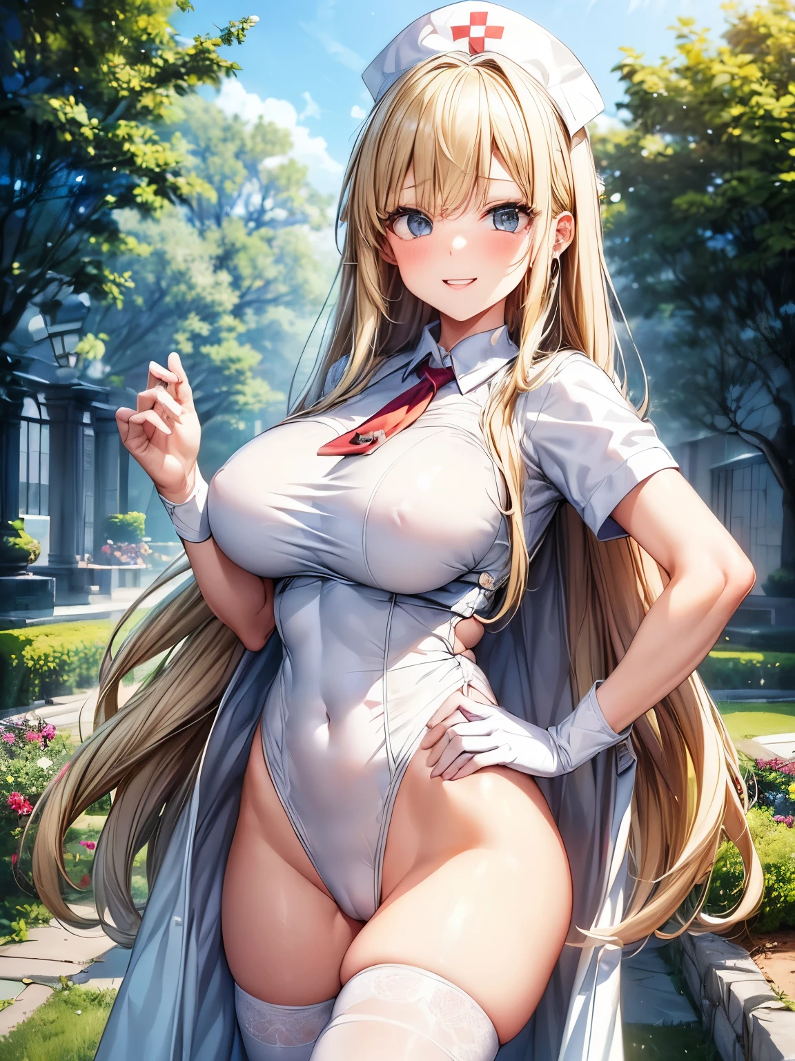 highest quality、nice sexy body、one woman、solo、((Beautiful busty woman:1.3))、((Blonde Hair Woman:1.3))、straight hair woman、long hair woman、nurse costume、(A woman wearing a white nurse-style leotard:1.3)、A woman wearing white knee-high socks、garden、Woman with a big smile、woman with hands on hips