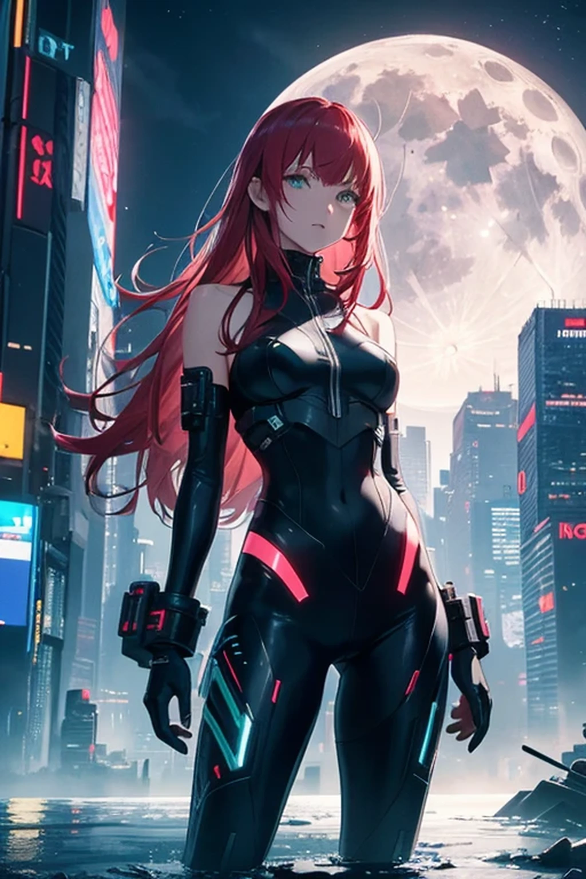 The image depicts a cyberpunk city shining under the silver light of the full moon. Futuristic skyscrapers rise against the night sky, their outlines illuminated by vibrant neons and shimmering holograms. In the foreground, a beautiful red-haired woman stands on an elevated platform, gazing at the urban skyline with a contemplative expression.
Her red hair gently billows in the night wind, reflecting the silver tones of the moon. She wears a futuristic, sleek, and aerodynamic outfit that fits her slender body perfectly. Her emerald-green eyes shine with a blend of determination and mystery as she seems immersed in deep thoughts.
Around the woman, the cyberpunk city pulses with life, with flying cars buzzing through the skies and advertising holograms flickering on every corner. Despite the urban frenzy around her, the woman appears at peace, as if in tune with the pulsating rhythm of the futuristic metropolis.
The moonlight bathes the scene in an ethereal glow, creating a contrast between the coldness of technology and the natural beauty of the female figure. In this fleeting moment, the red-haired woman on the moon in the cyberpunk city personifies the harmony between the urban world and the cosmos, an image that captures the imagination and inspires reflections on the future of humanity.