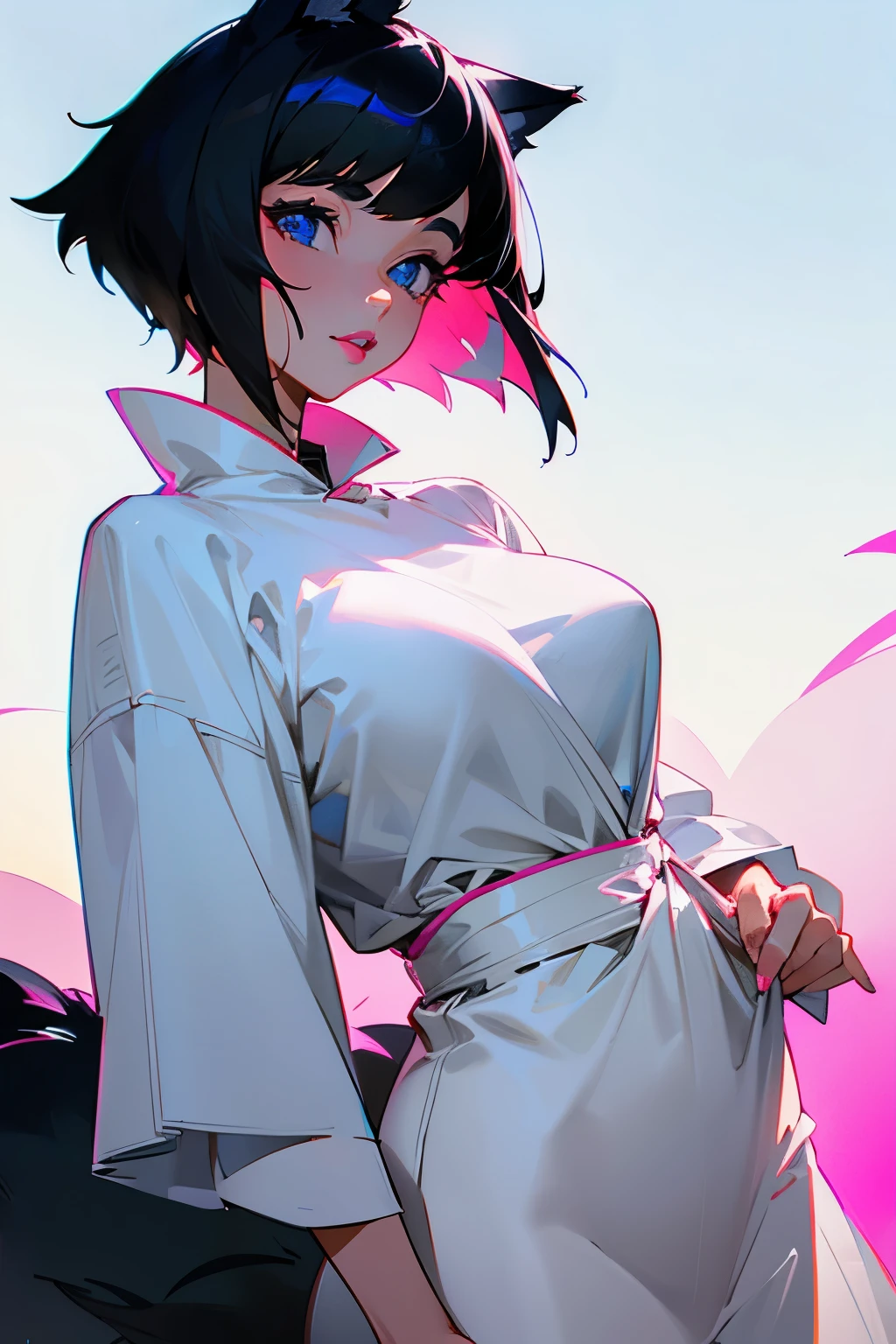 Girl, short black hair((Wolf cut)), Loose white clothes, blue eyes, pink lipstick, big breasts 