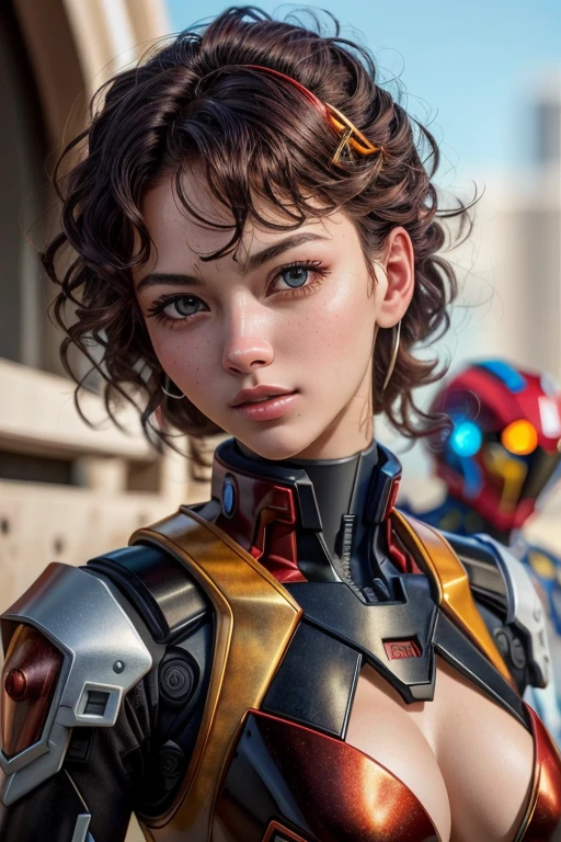 masterpiece, highest quality, Super detailed, figure, 1 girl, Highly detailed Evangelion costume, (large robot background), detailed skin texture, beautiful and detailed face, intricate details, Super detailedな