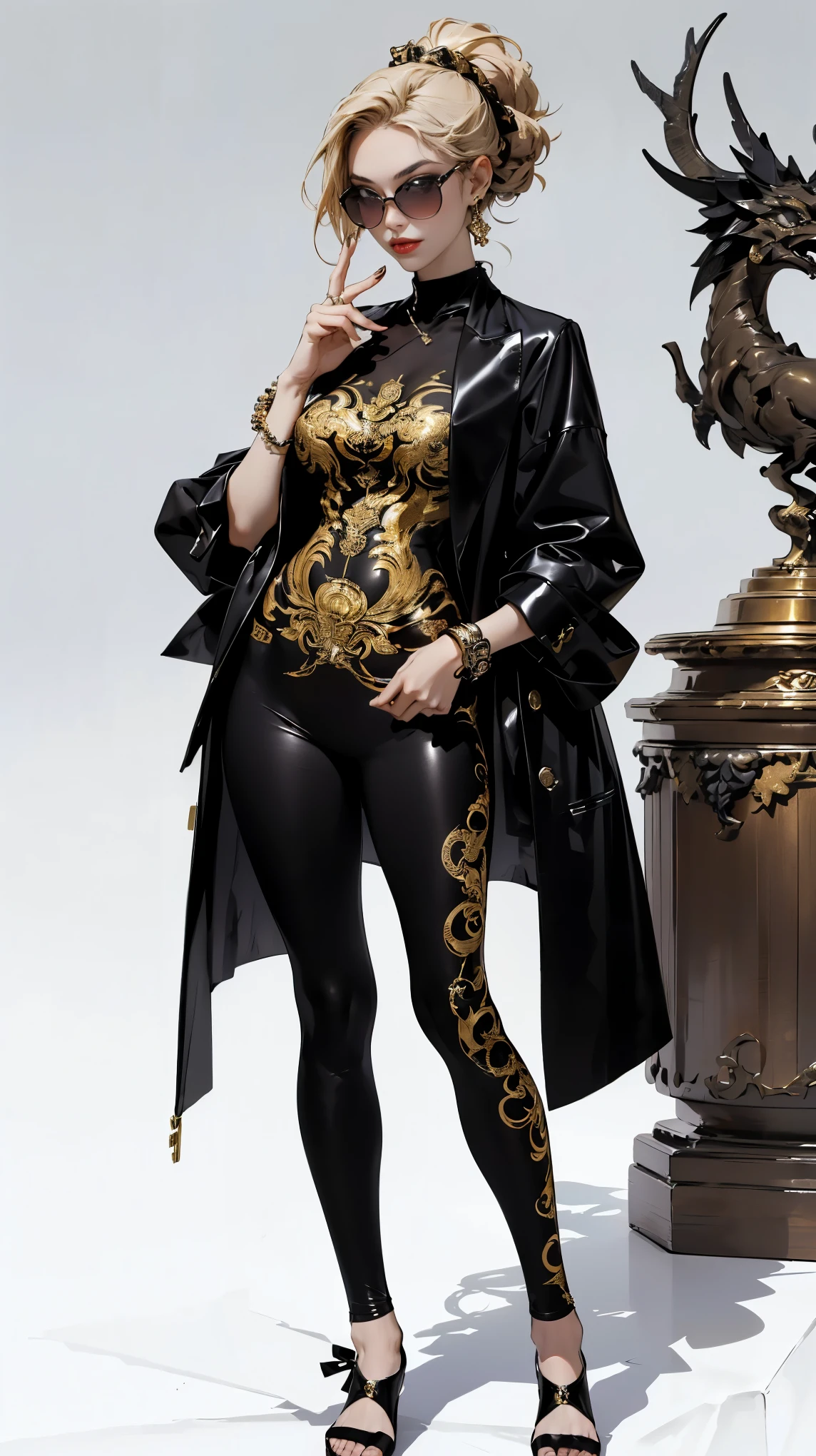 ((best quality,4k,highres,masterpiece:1.2)),((character concept art)), 1 female, age 25, Chinese Hong Kong, Hong Kong Elite, eldest sister, triad female leader, Known for her impeccable fashion sense and elegant demeanor, she is a true embodiment of the Versace brand. Her body language is as captivating as her style, always exuding confidence and high fashion. (((She's wearing an exquisite Versace Barocco-print Shirt in Silk and Barocco-print leggings gold-tone/white/black, a true testament to the brand's luxurious aesthetic.))) Paired with Versace Medusa Tribute Sandals, she carries her ensemble with an air of effortless sophistication. Her accessories include a Versace Medusa Tribute Bag and a pair of Versace Tribute Sunglasses, enhancing her overall look. ((intricate detail)), super finely detailed hands, ultra finely detailed fingers(((ten fingers))), (standing still with confidently), (full body showcase), (show full body), (no logos on background), (no logo), ((plain background)), ((plain background)), (((empty background))).