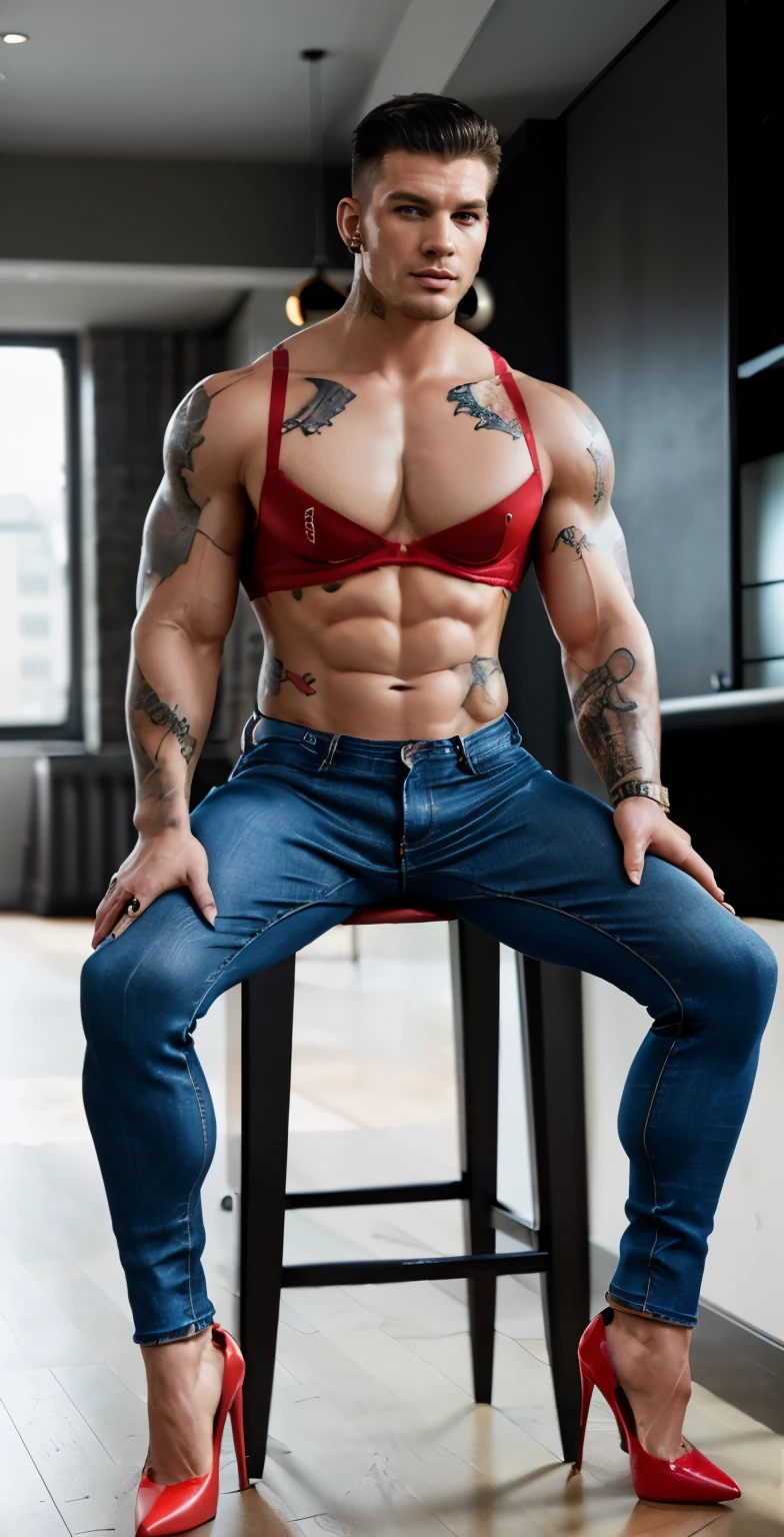 A muscular  hunk man with very short hair, tight jeans, red heels, earrings, bra ,tattoos,nylons, padded  bra