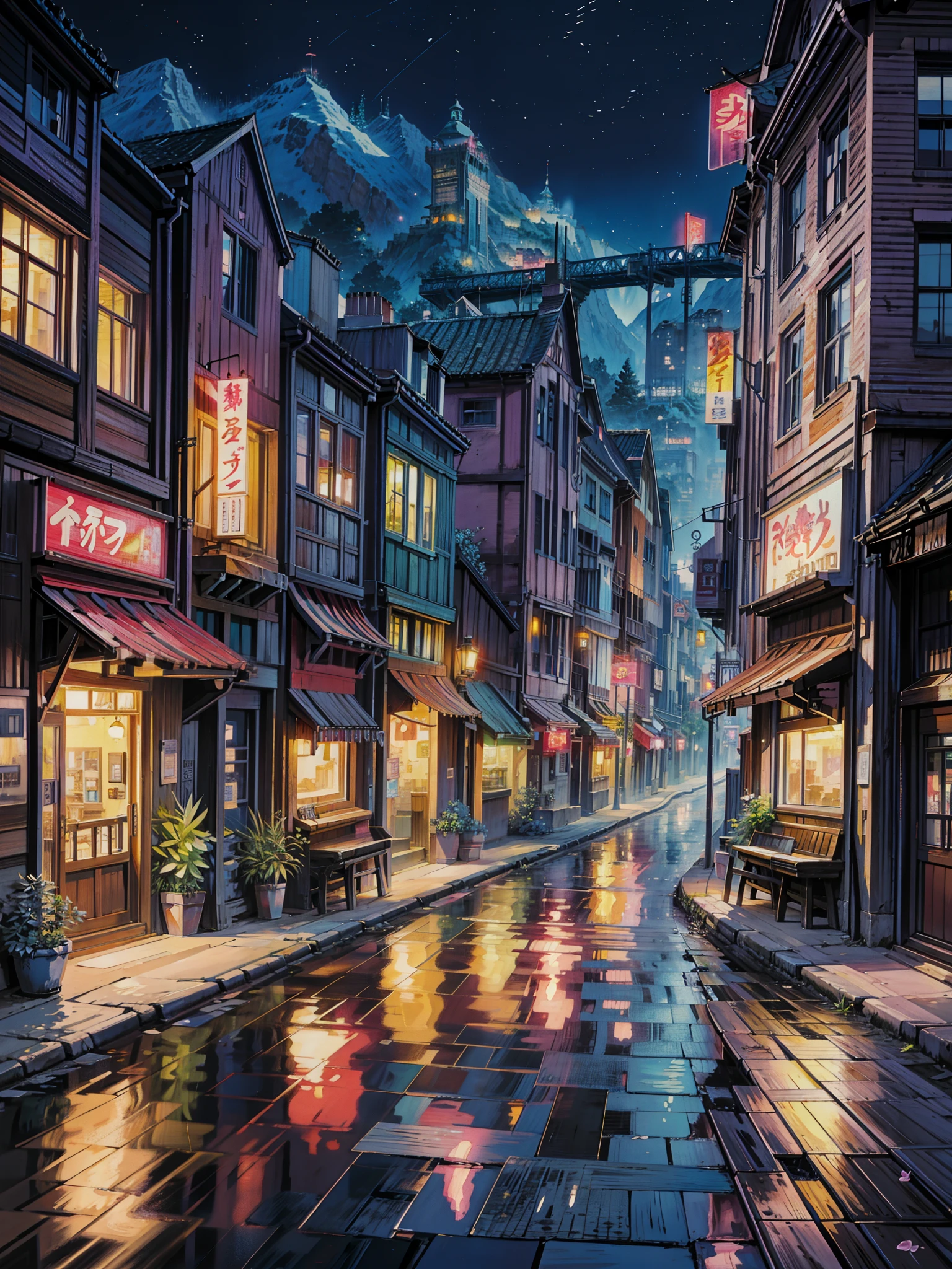 a painting of a city street at night, anime background art, flowers, ross tran. flowery tree, scenic background, anime scenery, anime movie background, hd anime cityscape, anime landscape, anime style cityscape, colorful anime movie background, anime landscape wallpaper, nightime village background, kinkade, beautiful cityscape background, by Evgeny Lushpin, city + graffiti background, anime nature wallpaper ,  4k hd,, beautiful art uhd 4 k, a beautiful artwork illustration, beautiful digital painting, highly detailed digital painting, beautiful digital artwork, detailed painting 4 k, very detailed digital painting, rich picturesque colors, gorgeous digital painting