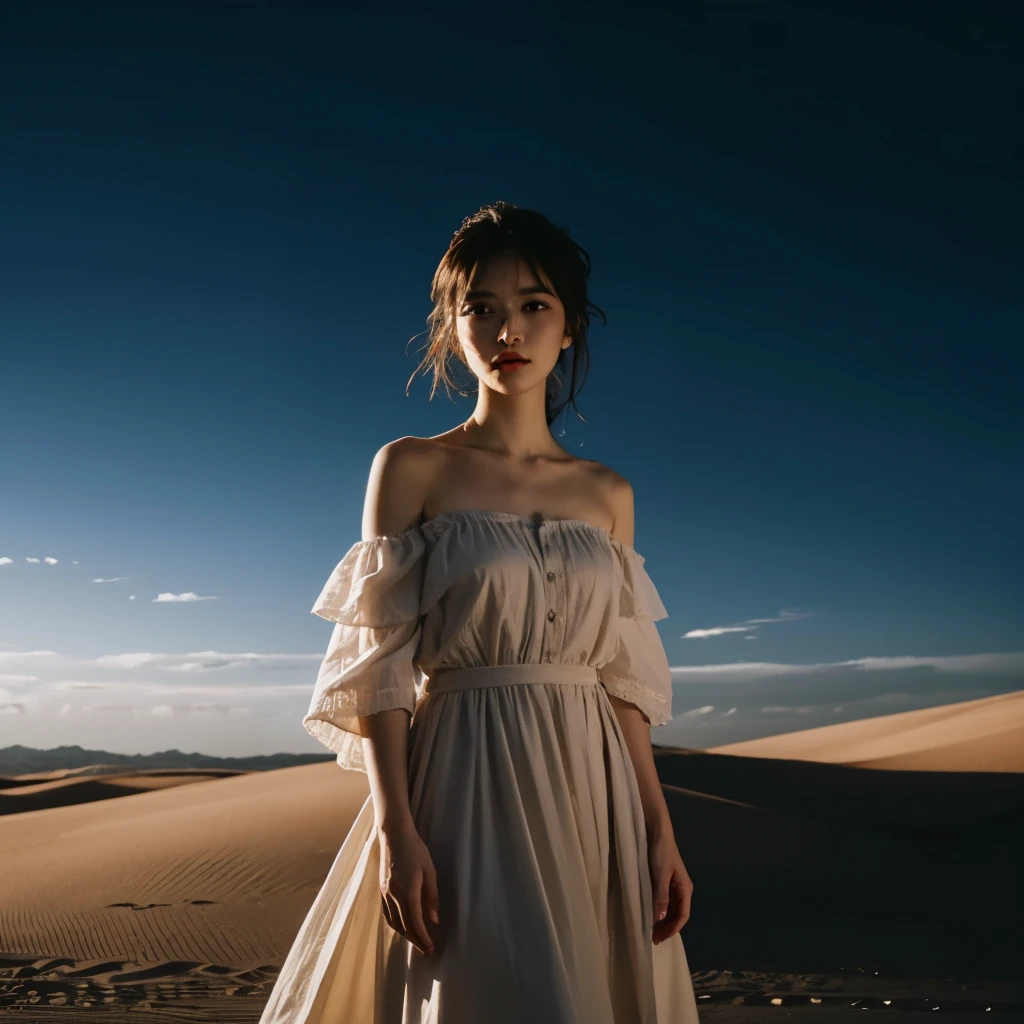 highest quality, masterpiece, ultra high resolution, (realistic:1.4), Raw photo, off shoulder, in the dark, deep shadow, discreet key, cold light, Where you can see the Telis cloud,sand漠の風景、Desert Rose、sand、moon、