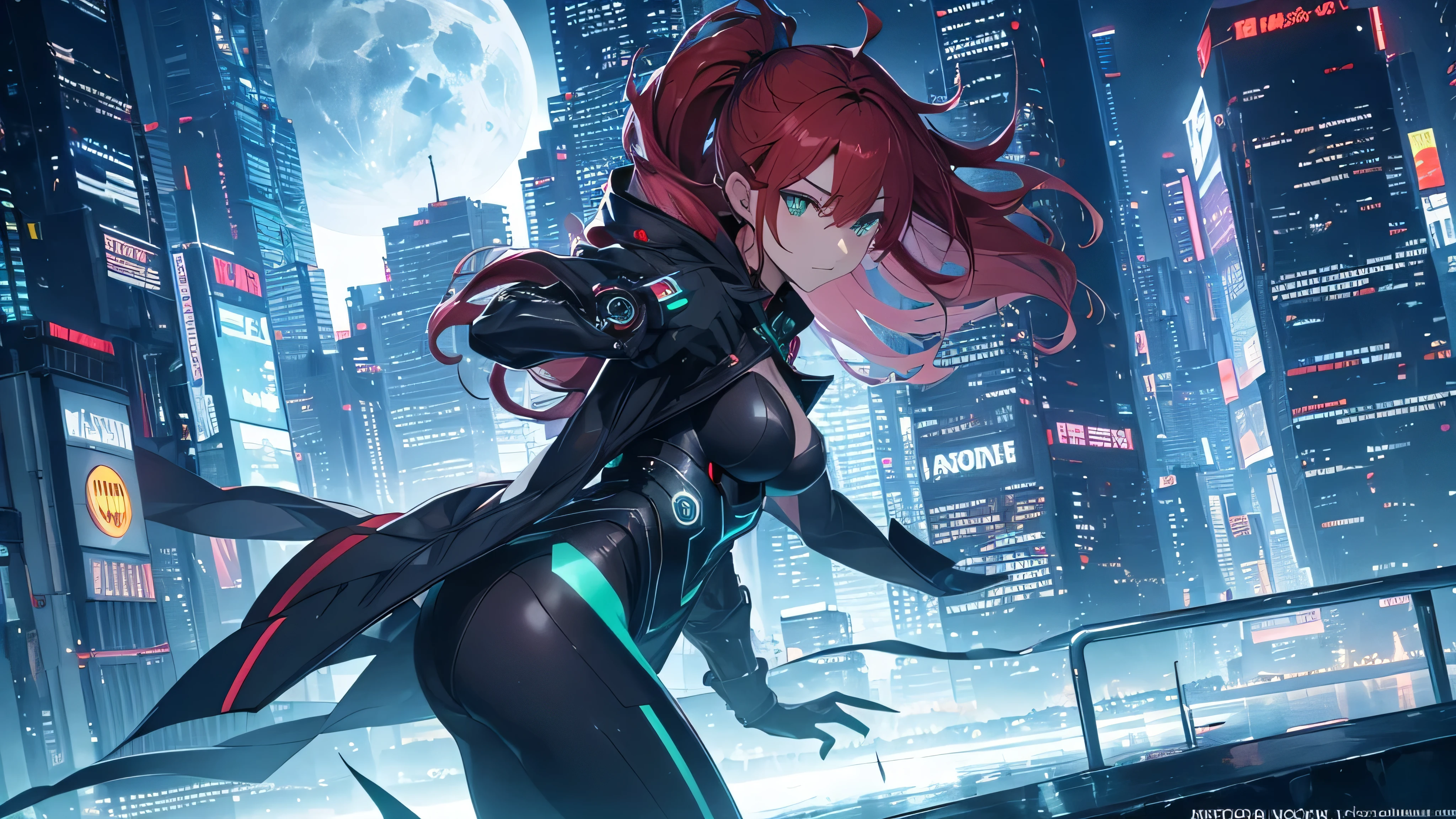 The image depicts a cyberpunk city shining under the silver light of the full moon. Futuristic skyscrapers rise against the night sky, their outlines illuminated by vibrant neons and shimmering holograms. In the foreground, a beautiful red-haired woman stands on an elevated platform, gazing at the urban skyline with a contemplative expression.
Her red hair gently billows in the night wind, reflecting the silver tones of the moon. She wears a futuristic, sleek, and aerodynamic outfit that fits her slender body perfectly. Her emerald-green eyes shine with a blend of determination and mystery as she seems immersed in deep thoughts.
Around the woman, the cyberpunk city pulses with life, with flying cars buzzing through the skies and advertising holograms flickering on every corner. Despite the urban frenzy around her, the woman appears at peace, as if in tune with the pulsating rhythm of the futuristic metropolis.
The moonlight bathes the scene in an ethereal glow, creating a contrast between the coldness of technology and the natural beauty of the female figure. In this fleeting moment, the red-haired woman on the moon in the cyberpunk city personifies the harmony between the urban world and the cosmos, an image that captures the imagination and inspires reflections on the future of humanity.