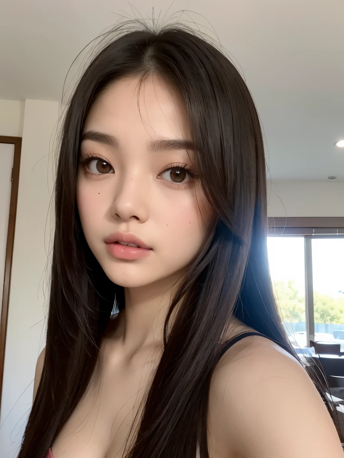 Kim Jennie de blackpink con el cabello rubio claro, cabello rubio con ondulado, cabello de color rubio ondulado, with small fringes, ojos color negro, nariz respingada y bonita, labios gruesos, Cupid and heart shaped lips......., labios rosas, pale, piel blanca, piel bonita y suave, con pecas y lunares, cejas bonitas, marked and beautiful clavicle, mientras tiene un polo con rosas color rojo tinto, rojo oscuro, con ropa interior femenina, abdomen delgado y bonito, escote desnudo, (pechos grandes, pechos suaves, pechos naturales, escote desnudo), mientras agarra una rosa,  mirando a la camara, autofoto, selfie lejana, selfie from all angles, alguien se esta tomando selfies, foto lejana y de distintos algunos