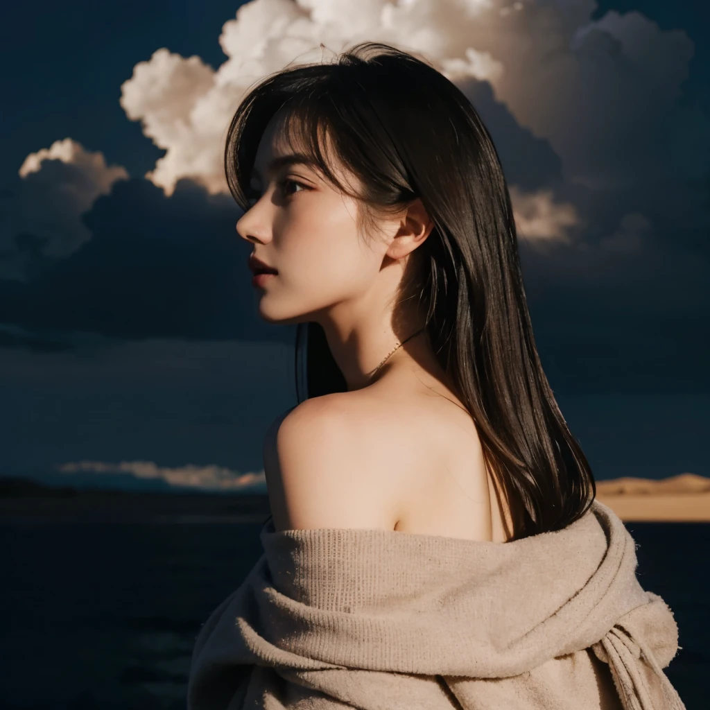 highest quality, masterpiece, ultra high resolution, (realistic:1.4), Raw photo, off shoulder, in the dark, deep shadow, discreet key, cold light, Where you can see the Telis cloud,sand漠の風景、Desert Rose、sand、moon、Clouds at night、