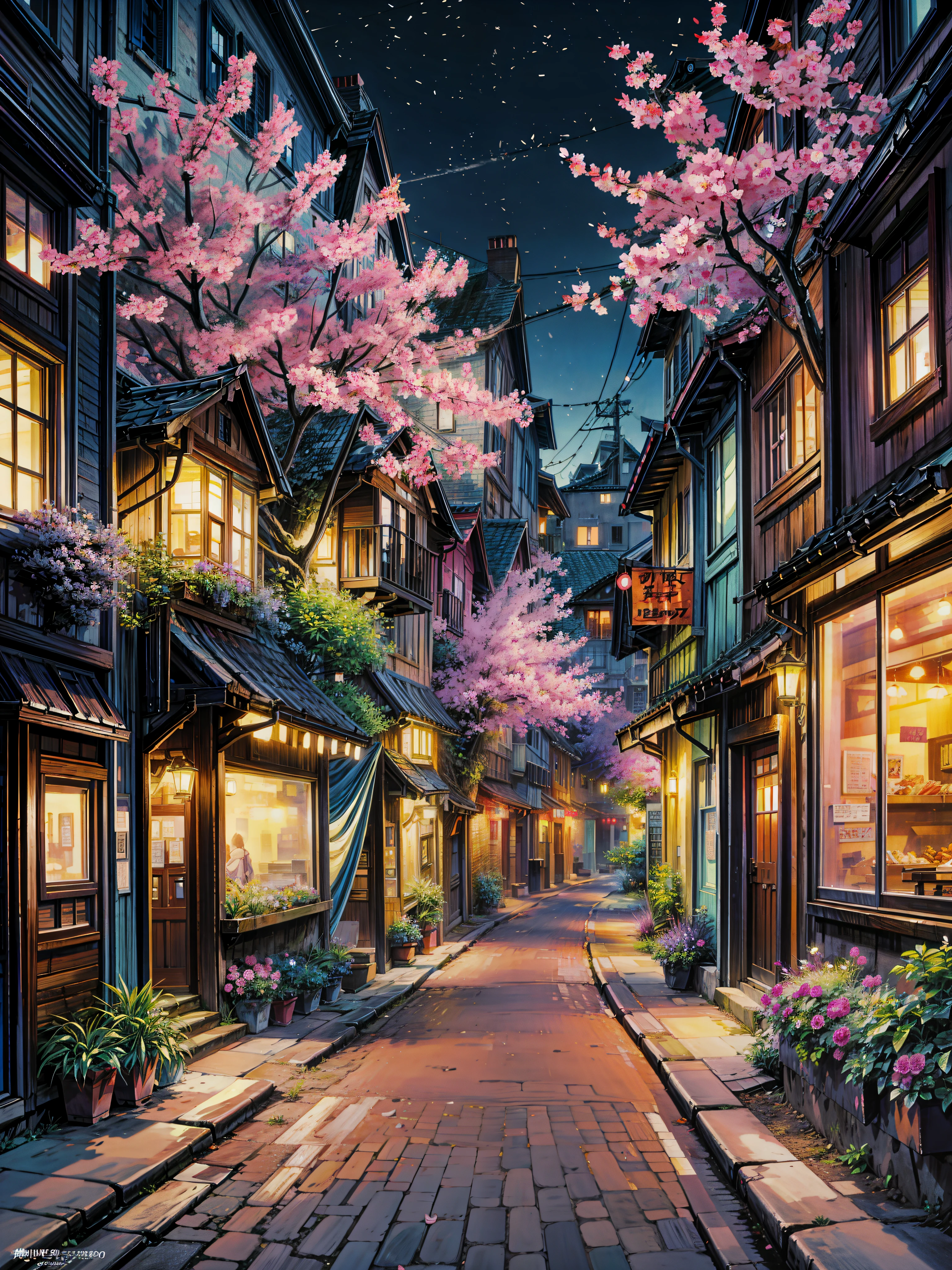 a painting of a city street at night, anime background art, flowers, ross tran. flowery tree, scenic background, anime scenery, anime movie background, hd anime cityscape, anime landscape, anime style cityscape, colorful anime movie background, anime landscape wallpaper, nightime village background, kinkade, beautiful cityscape background, by Evgeny Lushpin, city + graffiti background, anime nature wallpaper , 4k hd,, beautiful art uhd 4 k, a beautiful artwork illustration, beautiful digital painting, highly detailed digital painting, beautiful digital artwork, detailed painting 4 k, very detailed digital painting, rich picturesque colors, gorgeous digital painting