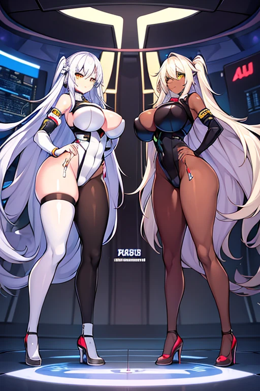 2girls, dark-skinned female, breasts, large breasts, wide hips, white hair, long hair, yellow eyes, smile, smirk, smug, pervert, bodysuit, black bodysuit, futuristic, tech, science-fiction, neon, neon trim, pantyhose, black pantyhose, full body, ((full body)), toned, tones female, tall, tall female