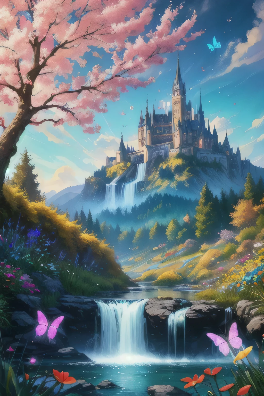 masterpiece, best quality, high quality, Highly detailed CG Unity 8k wallpaper, extremely colorful、pure fantasy environment, Vibrant hues and bright sky, Bright green grass landscape, colorful trees, Sparkling fruits and bright blue flowers. The stream is dark blue, And a sweet one, The air is filled with exotic customs. The environment seems to have been taken out of a dream, Glowing butterflies and huge colorful birds fly around, Award-winning photography, Bokeh, depth of field, high dynamic range, bloom, Color difference, actual, Very detailed, Popular topics on ArtStation , Trending on CGSociety, complex, high detail, dramatic, midway art