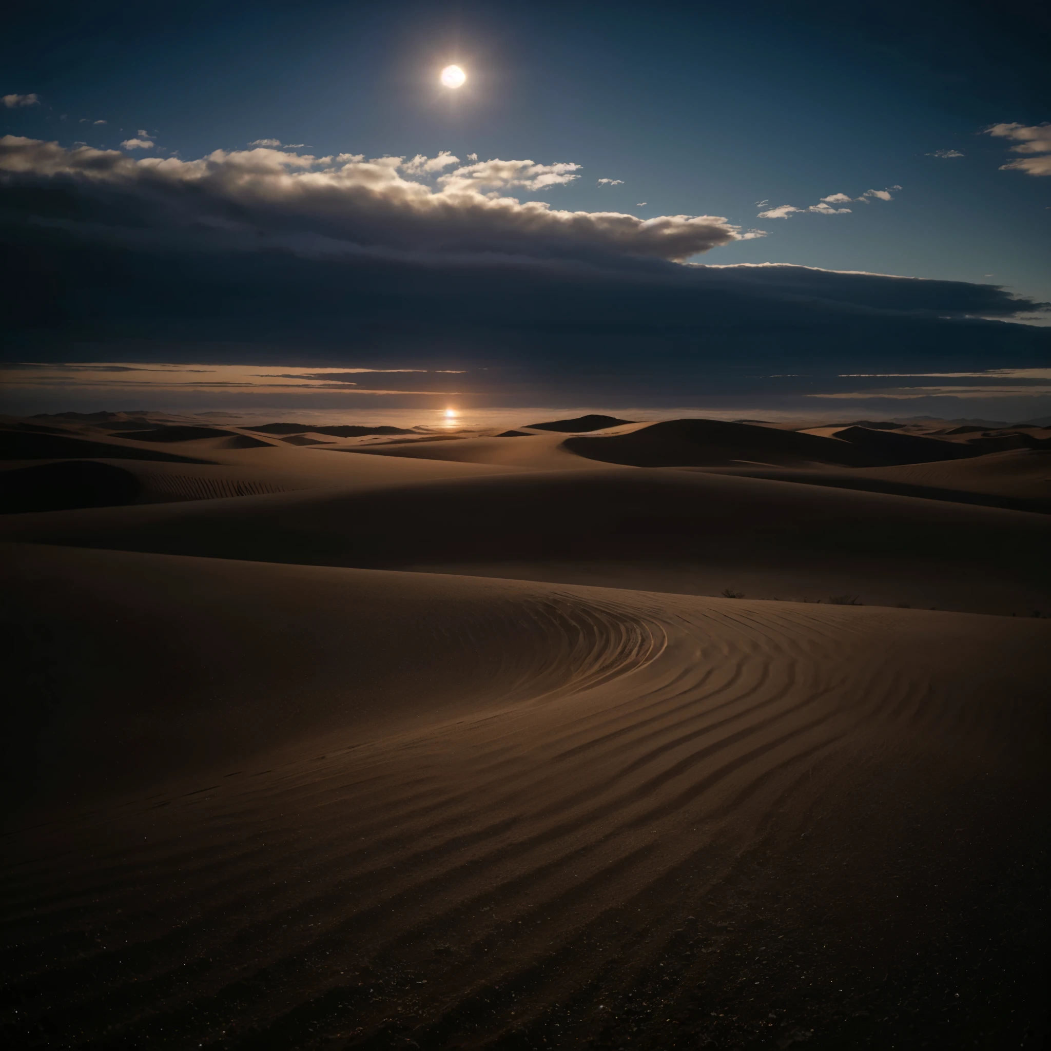 highest quality, masterpiece, ultra high resolution, (realistic:1.4), Raw photo, off shoulder, in the dark, deep shadow, discreet key, cold light, Where you can see the Telis cloud,sand漠の風景、Desert Rose、sand、Dawn Moon、Clouds at night、