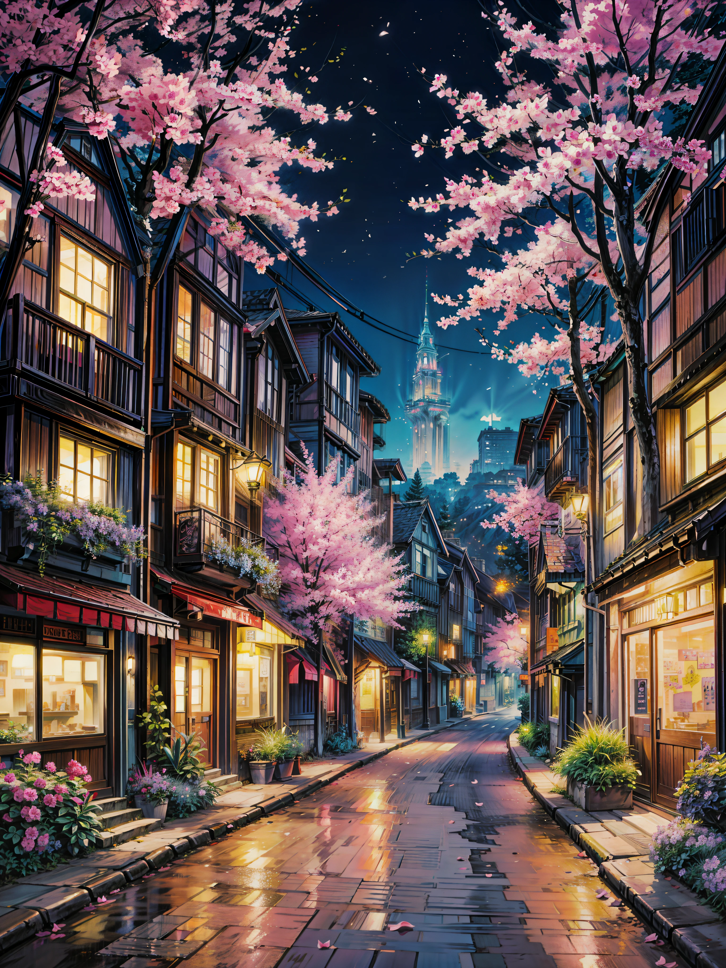 a painting of a city street at night, anime background art, flowers, ross tran. flowery tree, scenic background, anime scenery, anime movie background, hd anime cityscape, anime landscape, anime style cityscape, colorful anime movie background, anime landscape wallpaper, nightime village background, kinkade, beautiful cityscape background, by Evgeny Lushpin, city + graffiti background, anime nature wallpaper ,  4k hd,, beautiful art uhd 4 k, a beautiful artwork illustration, beautiful digital painting, highly detailed digital painting, beautiful digital artwork, detailed painting 4 k, very detailed digital painting, rich picturesque colors, gorgeous digital painting
