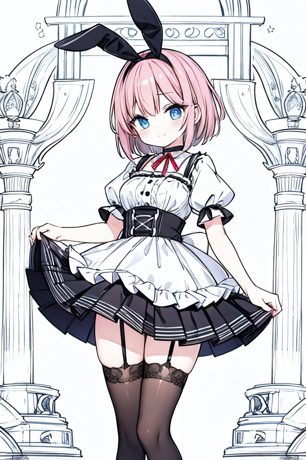 Mine series Two-tone hair pink black G cup skirt garter belt choker ribbon bob masterpiece highest quality High resolution blue eyes short sleeve blackい服 rabbit hole
