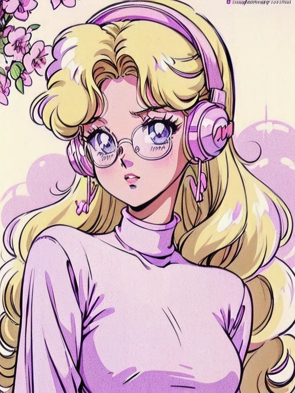 (Blonde Barbie:1.2),(vintage 90's:1.1),(romance anime style:1.3), wavy hair, lilac turtleneck, white headphones, glasses