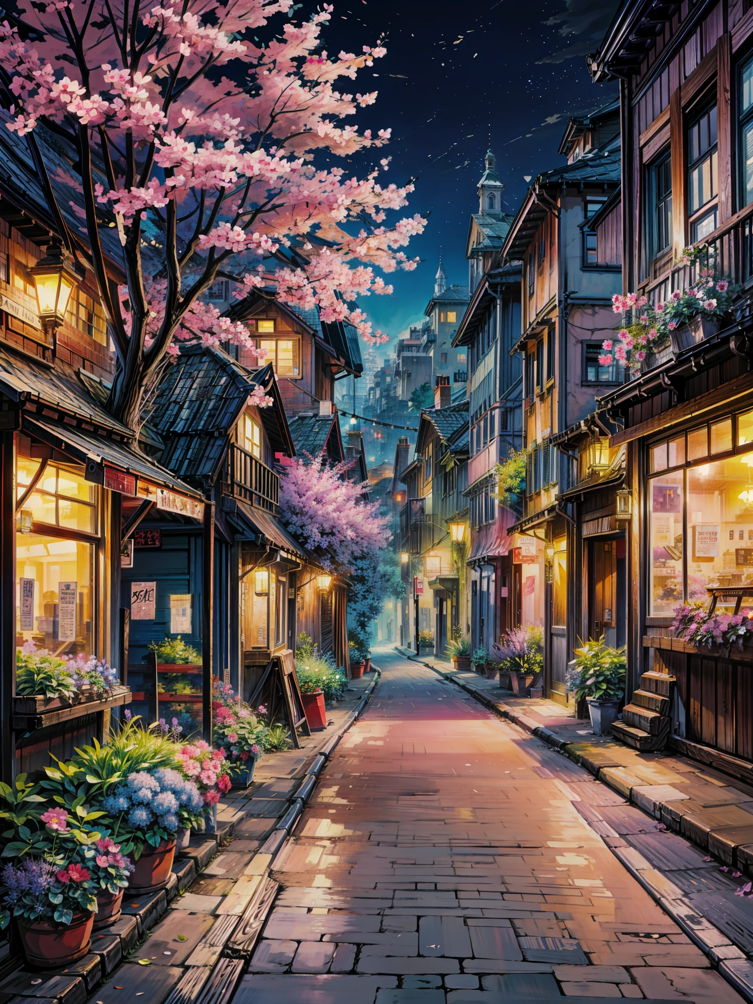 A Painting Of A Street With Flowers And Buildings At Night - Seaart Ai