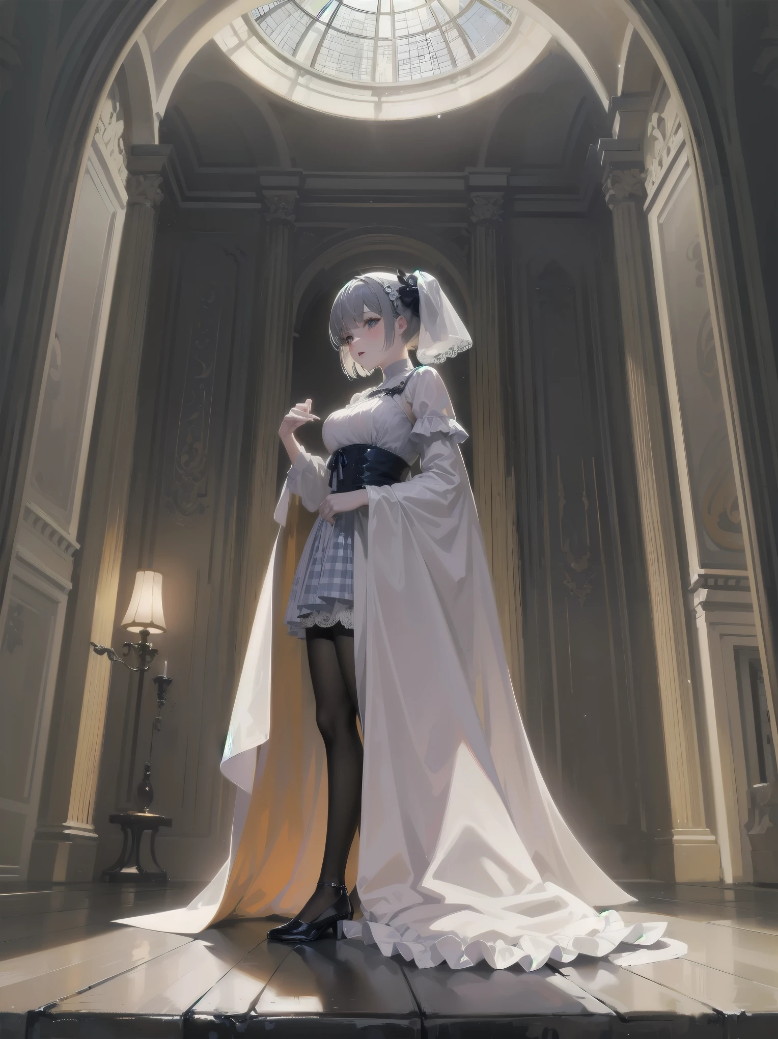bride: wedding ring shining on ring finger Fusion of medieval European fashion Emphasis on elements of cuteness and adoration Posed illustration of the overwhelming cuteness of the character in the foreground Overwhelming architectural and cityscape background Ultra-detailed, rich, contemporary interpretation of medieval Europe and fantasy world Realistic textures, Professional artistic shading and light sources, scene-like cinematography and effects, depth of subject One beautiful girl, super cute, bob cut, side ponytail, perfect anatomy
Colours: pastel, white, pale purple, blue, gingham check
Materials: chiffon, lace, satin, velvet, etc. Silhouette: fluffy skirt, A-line, long length
Decoration: frills, ribbons, lace, pearls, embroidery etc. Coordinates Romantic princess: pastel dress, lace blouse, fluffy skirt, ribbon hair accessory, black tights Add accessories and accessories to personalise.