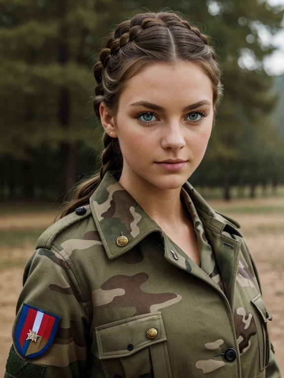 French coat-of-arms, crown braid, green eyes, camo military fatigues, outdoor, barracks, loving gaze
