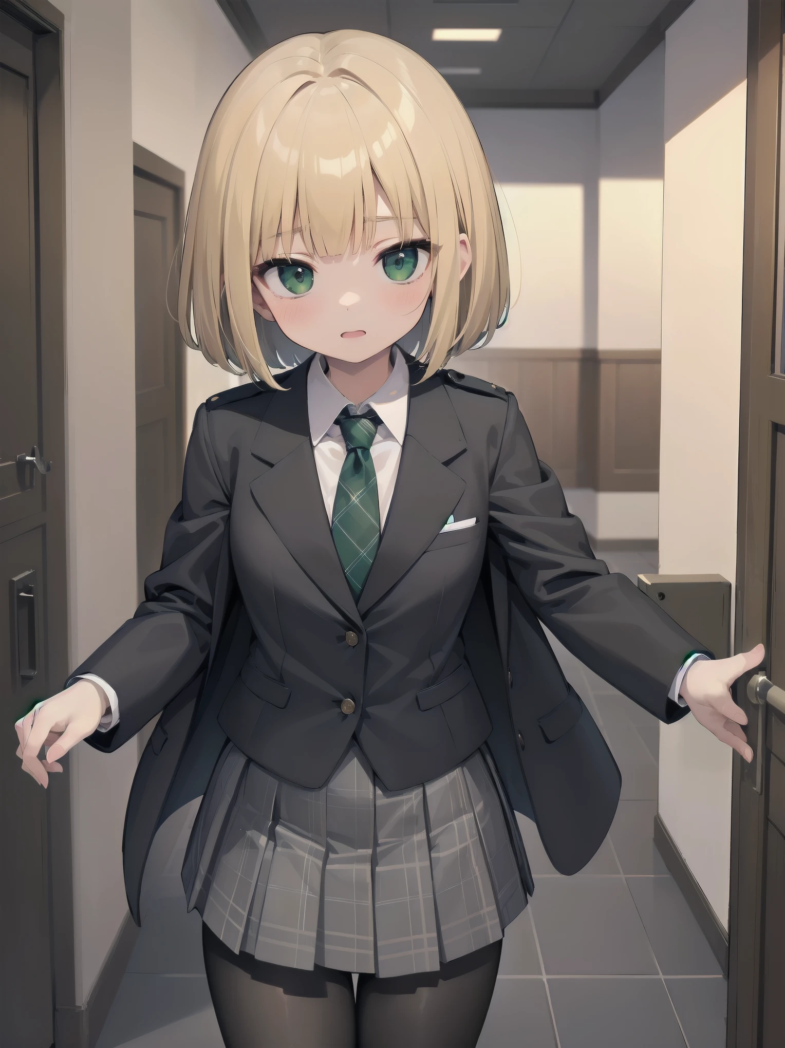 Top-High quality、Highest image quality、masterpiece、high contrast、Elegant、erotic expression、high school girl、blonde、Bob cut braids、uniform、(brown blazer)、ribbon tie、(Green and gray plaid skirt)、(black tights)、cinematic lighting、fine shading、cute、Truly unbelievably cute absurd、outside、outside苑