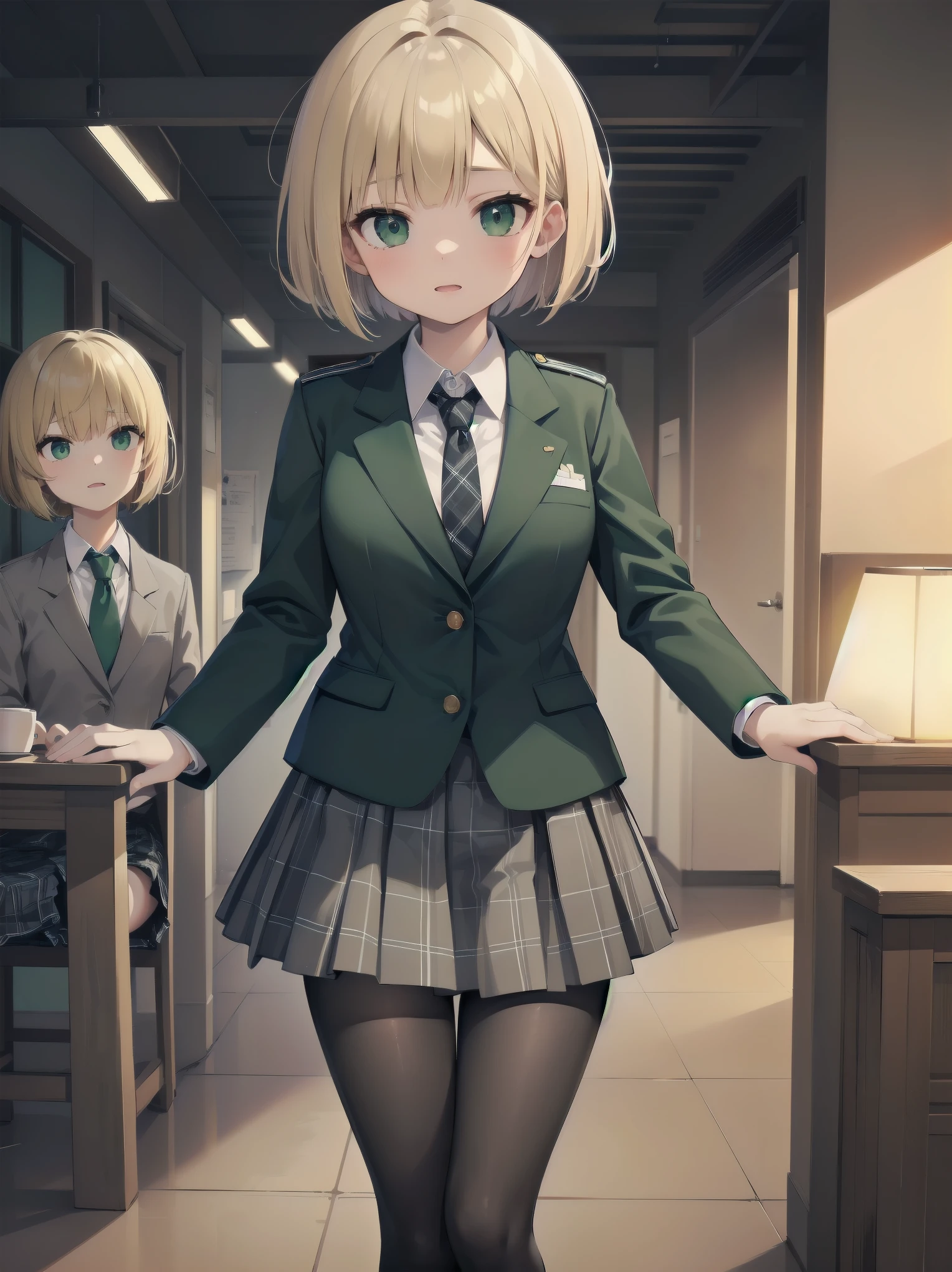 Top-High quality、Highest image quality、masterpiece、high contrast、Elegant、erotic expression、high school girl、blonde、Bob cut braids、uniform、(brown blazer)、ribbon tie、(Green and gray plaid skirt)、(black tights)、cinematic lighting、fine shading、cute、Truly unbelievably cute absurd、outside、outside苑
