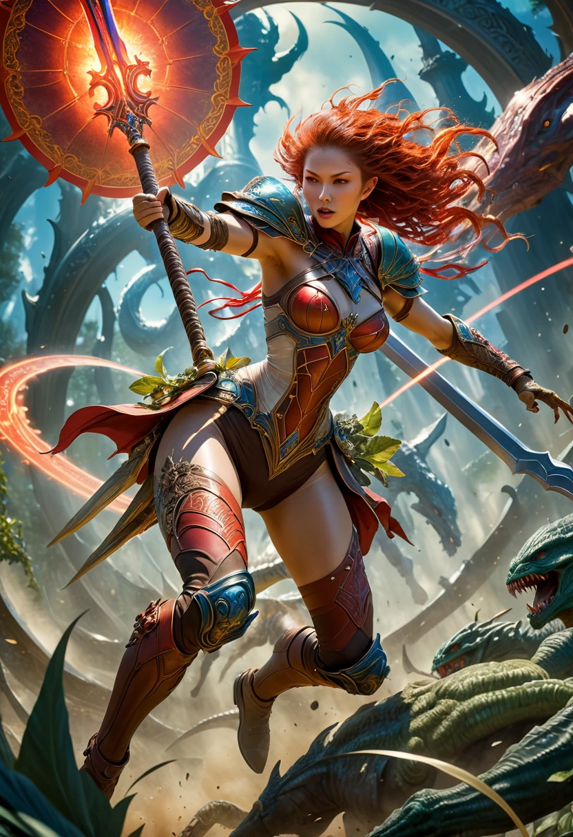 best quality,4k,8k,highres,masterpiece:1.2,ultra-detailed,realistic:1.37,HDR,UHD,studio lighting,ultra-fine painting,sharp focus,physically-based rendering,extreme detail description,professional,art nouveau,tarot card style, dynamic angle, action shot,(dynamic pose), raging facial expression, alien female,(creatures from outer space), cyborg style,(An alien female warrior is crossing an extraplanar alien battlefield while swinging a gigantic greatsword:1.37), ((Enraged, she swings her greatsword cutting a shadow beast in half:1)),fractalized, android,(wearing a cyborg exoskeleton),alien flora,(spectacular alien background with bioluminescent flora),vivid colors,earthen and pale red hues,Yoshitaka Amano style,trending on cgsociety,landscape,horror,(sci-fi),concept artists,bright and vibrant colors,dreamy lighting