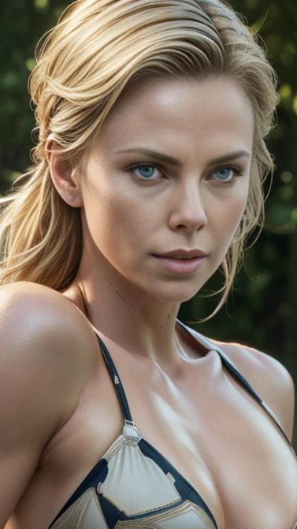 (best quality,4k,8k,highres,masterpiece:1.2),ultra-detailed,(realistic,photorealistic,photo-realistic:1.37), charlize theron, detailed face, muscular body, bikini,