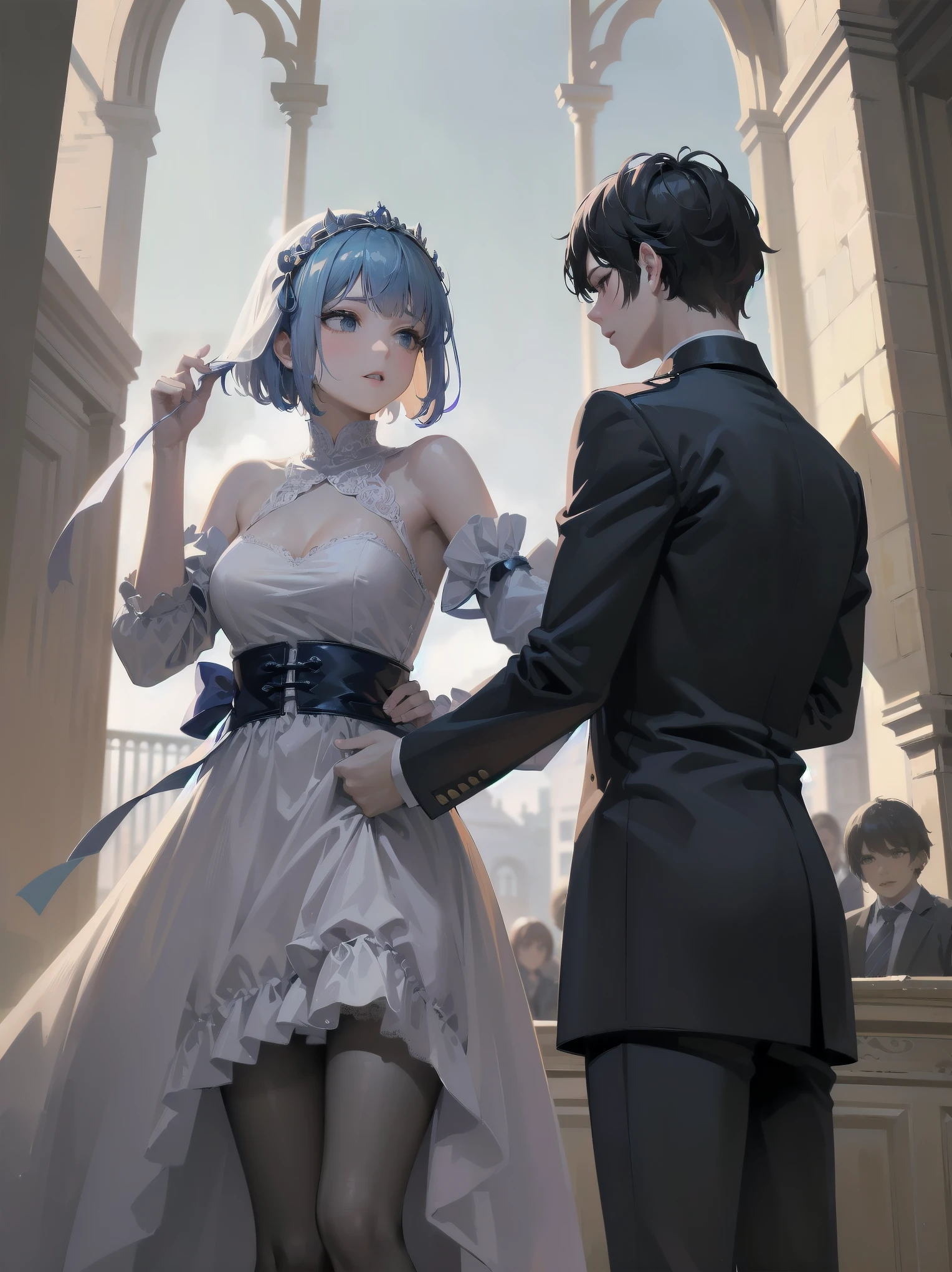 bride: wedding ring shining on ring finger Fusion of medieval European fashion Emphasis on elements of cuteness and adoration Posed illustration of the overwhelming cuteness of the character in the foreground Overwhelming architectural and cityscape background Ultra-detailed, rich, contemporary interpretation of medieval Europe and fantasy world Realistic textures, Professional artistic shading and light sources, scene-like cinematography and effects, depth of subject One beautiful girl, super cute, bob cut, side ponytail, perfect ??????? 
Colours: pastel, white, pale purple, blue, gingham check 
Materials: chiffon, lace, satin, velvet, etc. Silhouette: fluffy skirt, A-line, long length 
Decoration: frills, ribbons, lace, pearls, embroidery etc. Coordinates Romantic princess: pastel dress, lace blouse, fluffy skirt, ribbon hair accessory, black tights Add accessories and accessories to personalise.