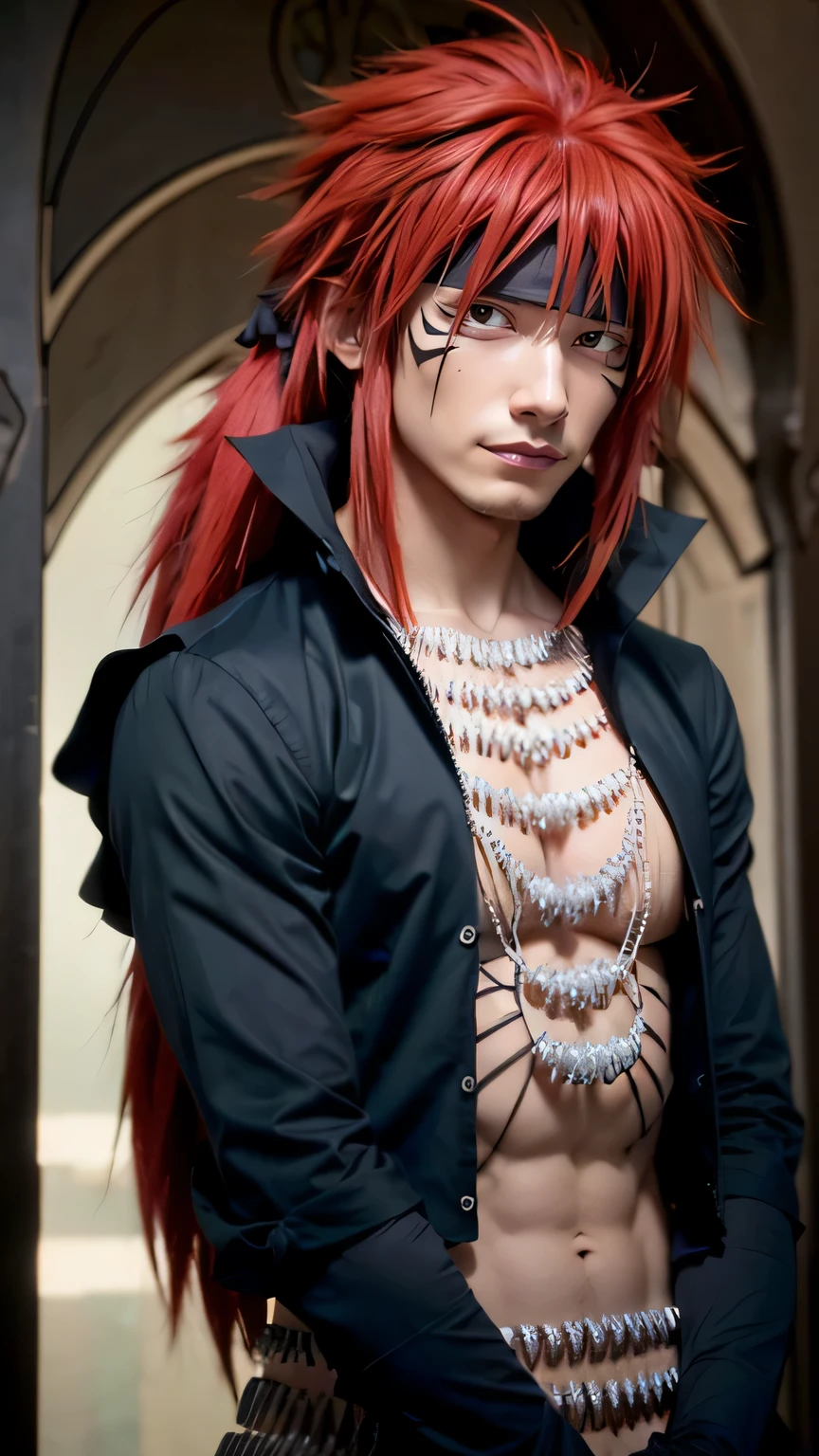 Guy Crimson , BANGS, RED EYES, RED HAIR, HAIR BETWEEN EYES, LONG HAIR, TWINTAILS, BLACK HAIRBAND, BARE SHOULDERS, BONES, BONE NECKLACE, CLEAVAGE, DETACHED SLEEVES, RED, 1man, solo, upper body, facing viewer, looking at viewer, smile,
