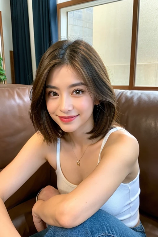 ((highest quality)), ((masterpiece)), (be familiar with), perfect face, masterpiece、highest quality、High resolution、wallpaper、realistic、bright lighting、professional lighting、face light、smooth lighting、japanese woman、20th generation mid-plate、super beautiful、beautiful skin、beautiful and detailed eyes、be familiar with顔、slim、moderately、short hair、brunette colored hair、brown eyes、look at the camera、Cafe sofa、 commercial photo, beautiful Instagram influencer girl, best smile,daytime、sleeveless knit