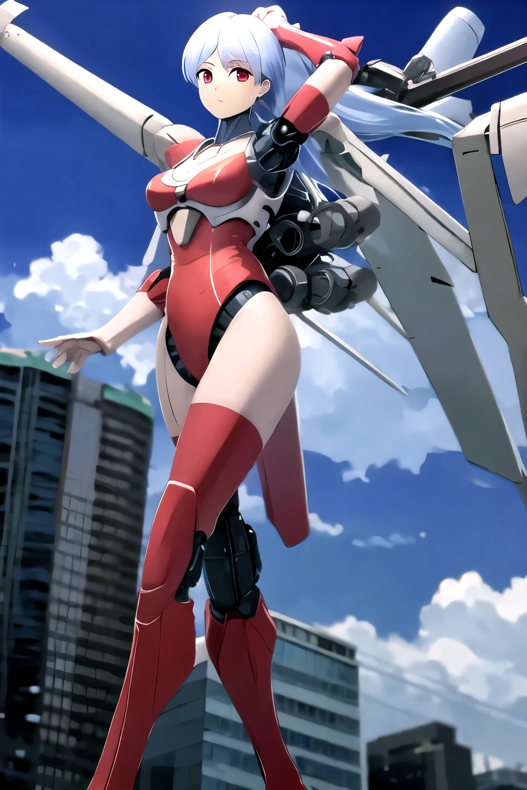 masterpiece, best quality, solo,1girl,looking at viewer,city,outdoor,giantess,mecha musume,
 ariel